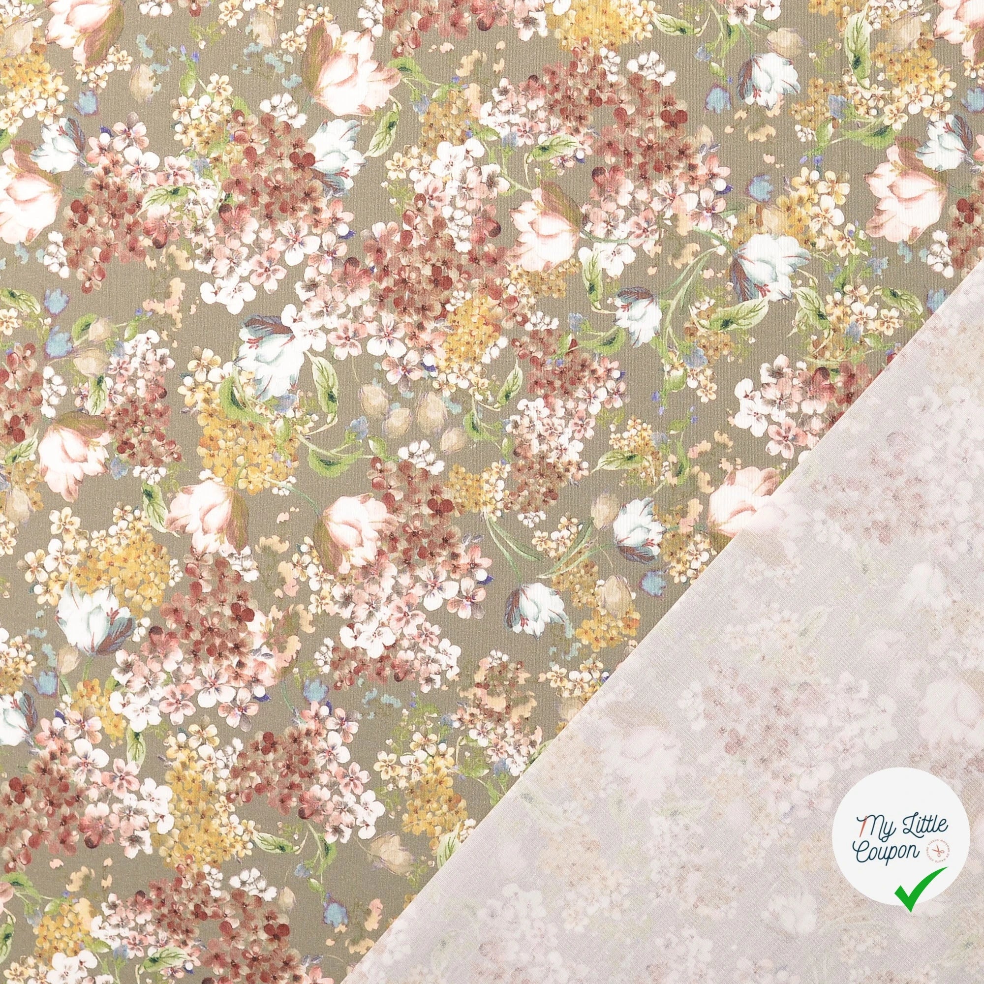 POPELINE DE COTON FLEURS VERT OLIVE - My Little Coupon