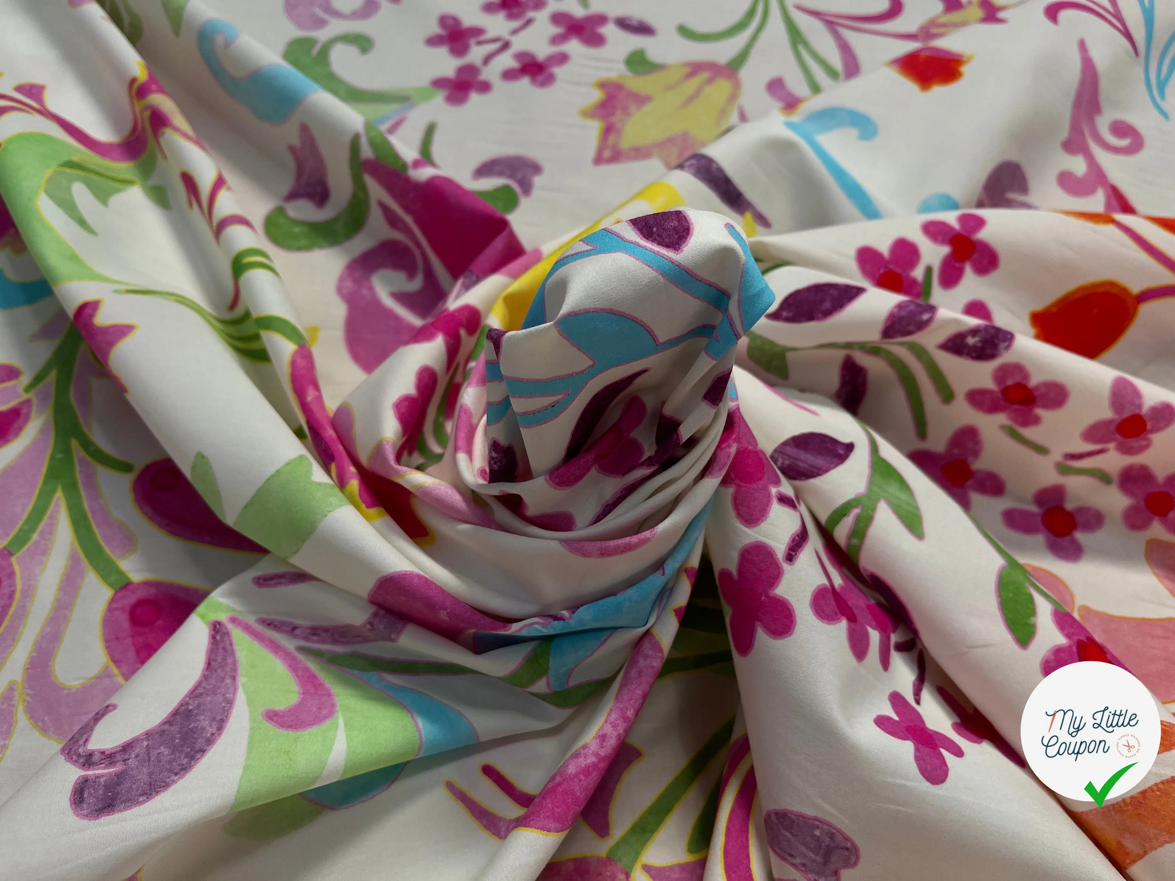POPELINE DE COTON FOND ÉCRU GROSSE FLEURES MULTICOLORES - My Little Coupon