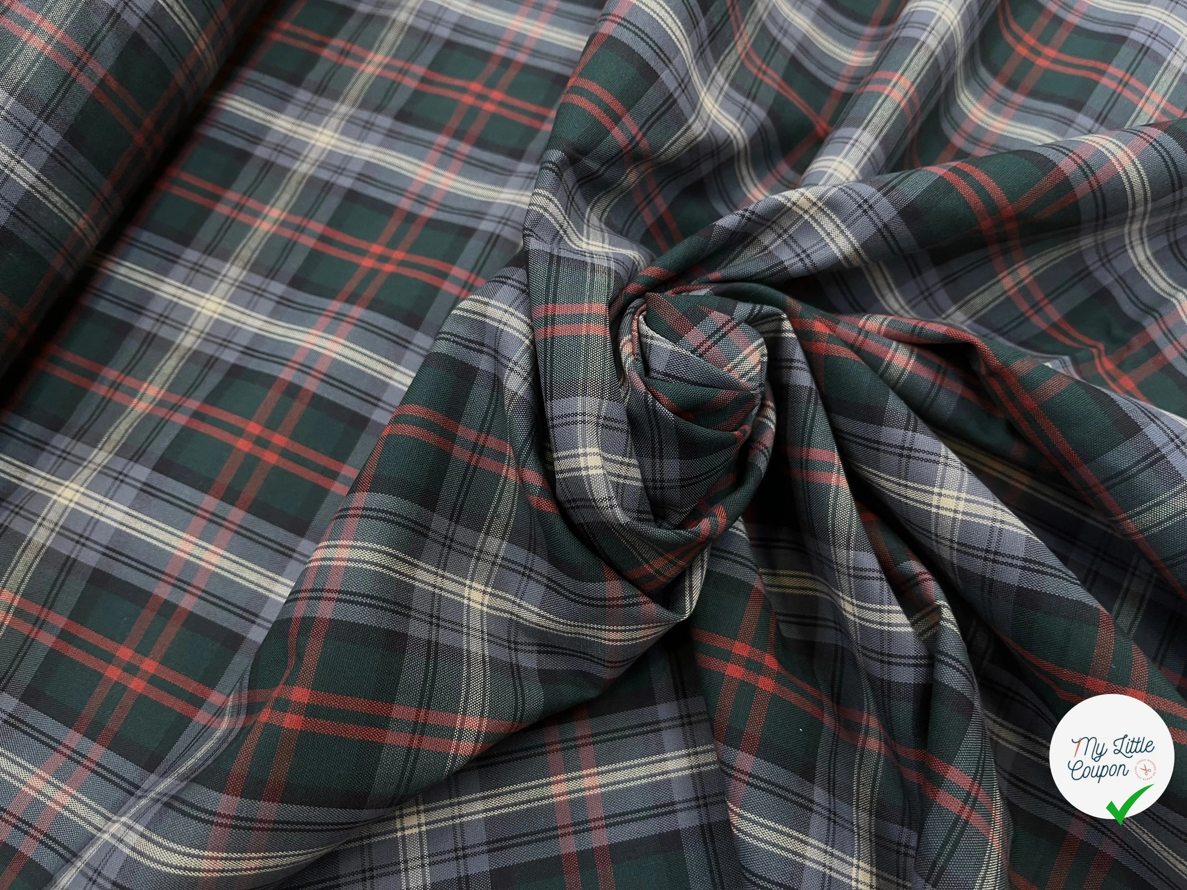 POPELINE DE COTON MOTIF PRINCE DE GALLES VERT, GRIS ET ROUGE 145CM - My Little Coupon