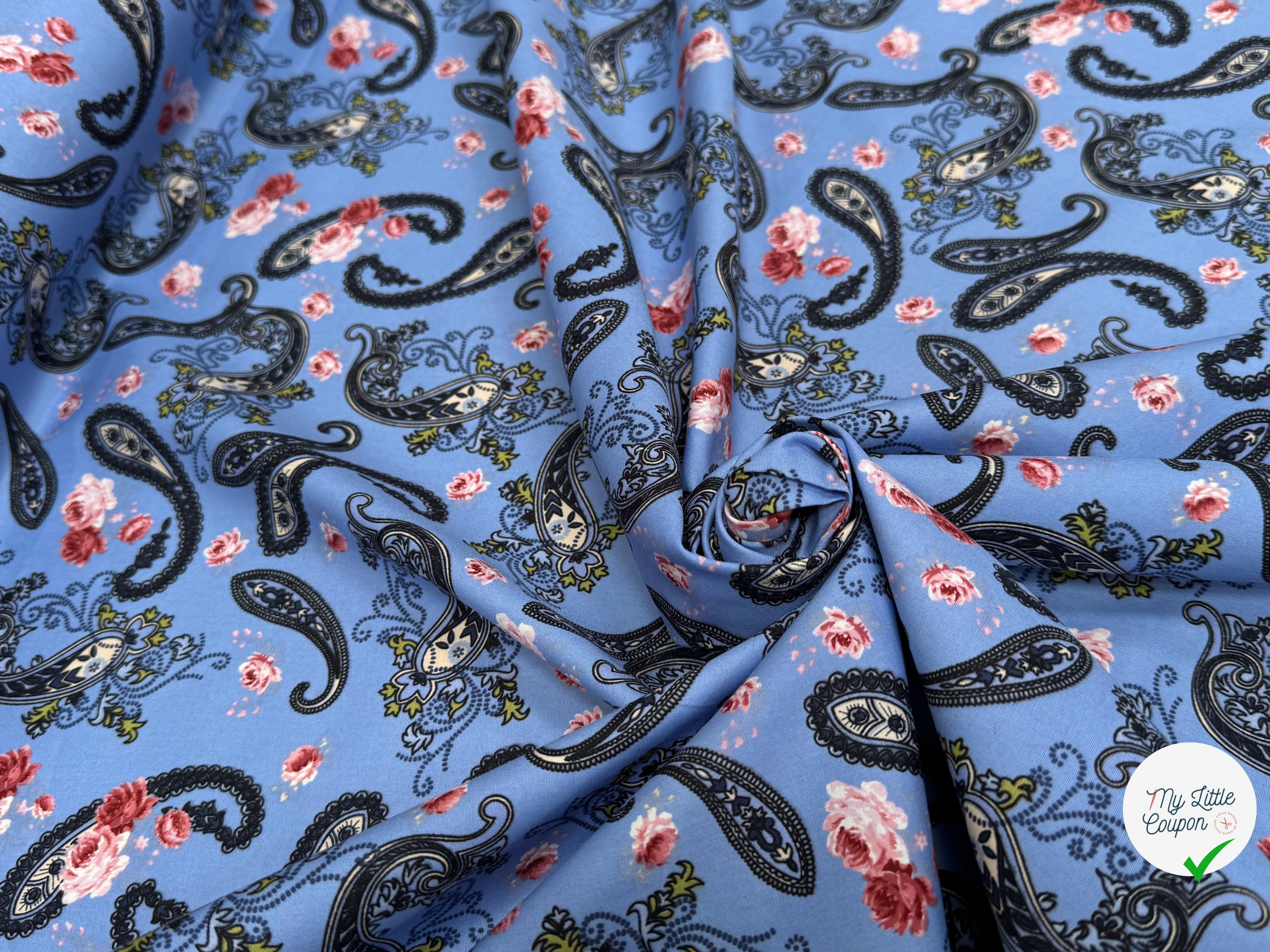 POPELINE DE COTON PAISLEY BLEU - My Little Coupon