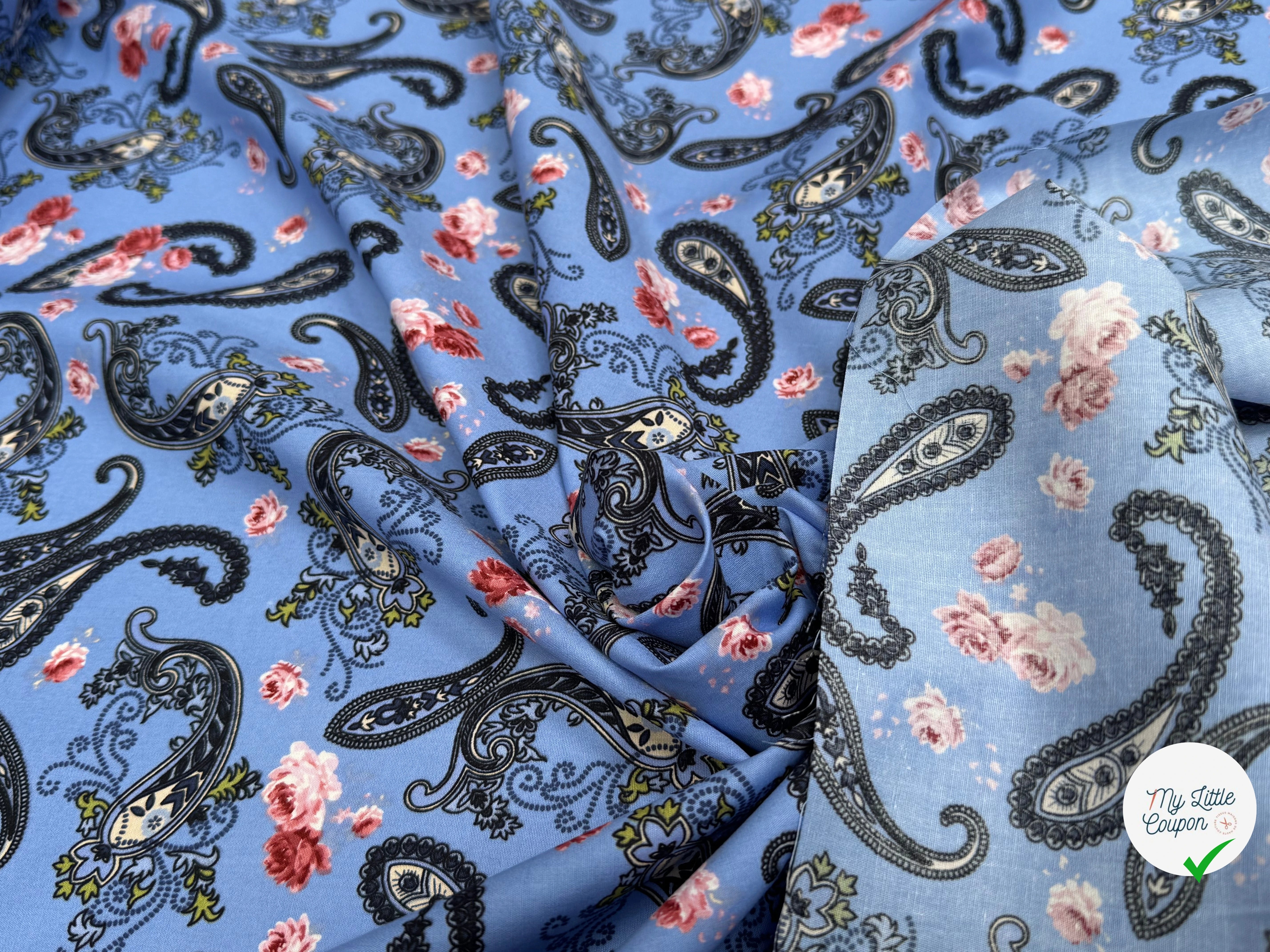 POPELINE DE COTON PAISLEY BLEU - My Little Coupon