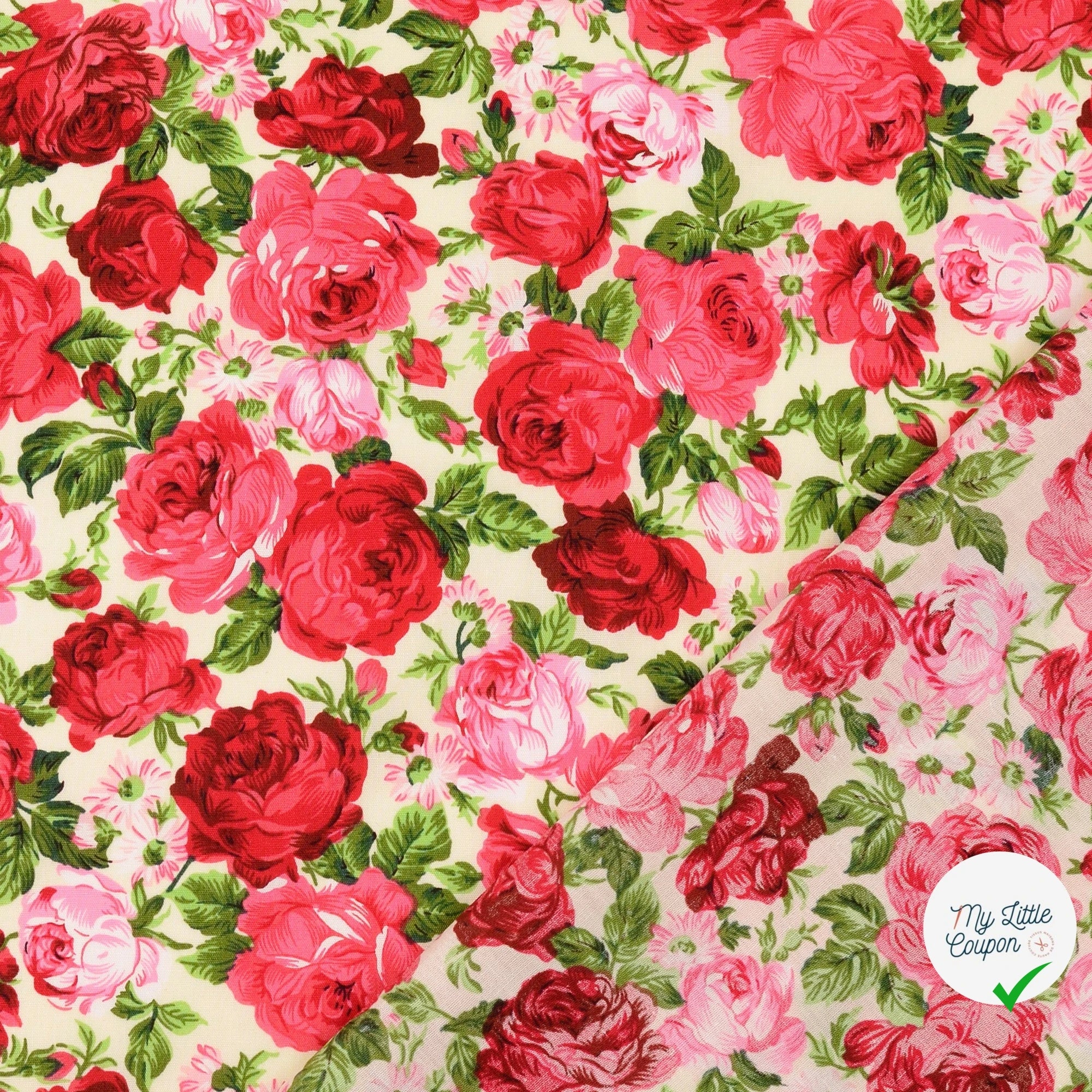 POPELINE DE COTON ROSES BLANC - My Little Coupon