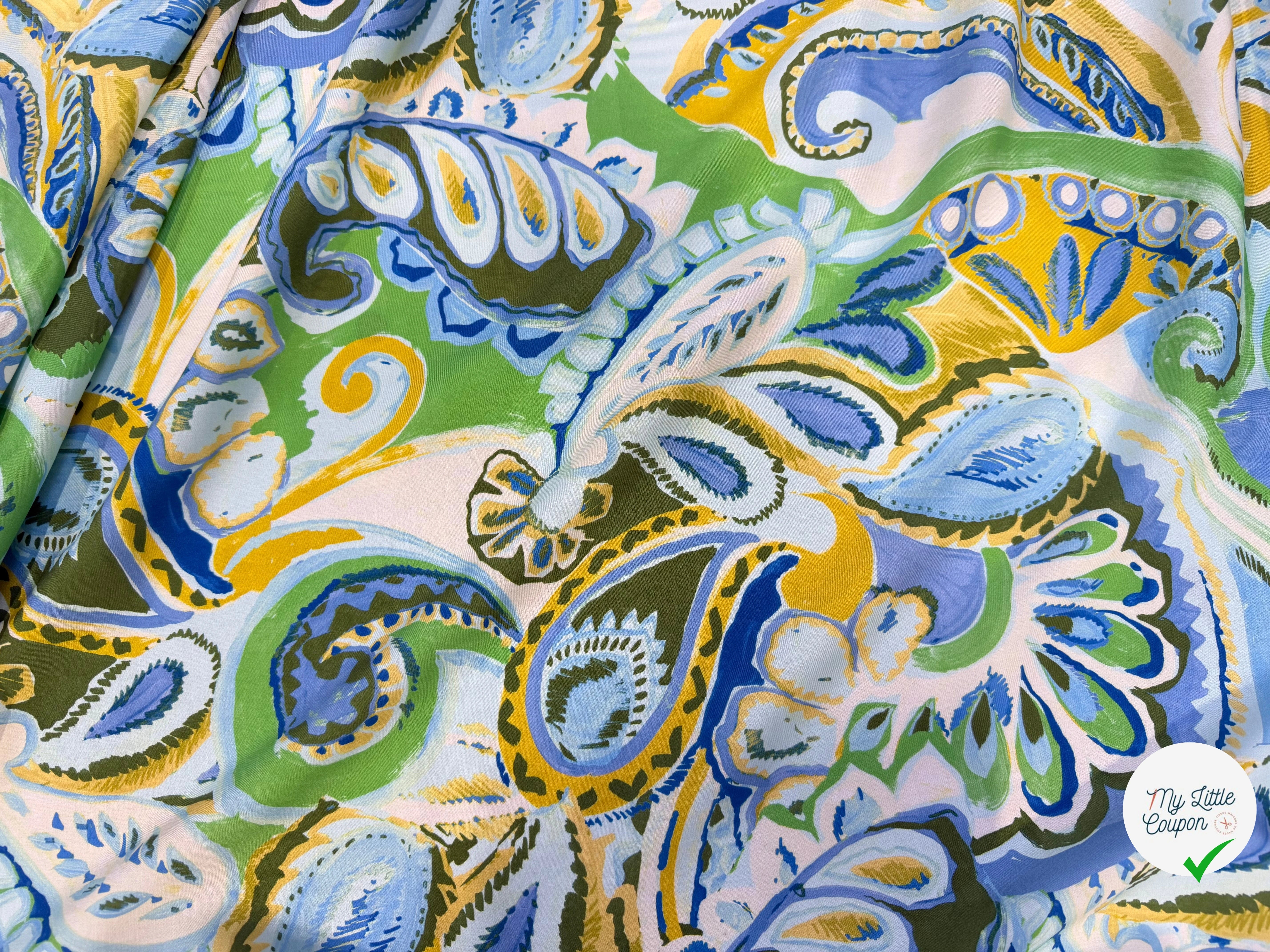 POPELINE DE VISCOSE 100%CV PAISLEY IMPRIMÉ NUMÉRIQUE VERT OLIVE - My Little Coupon