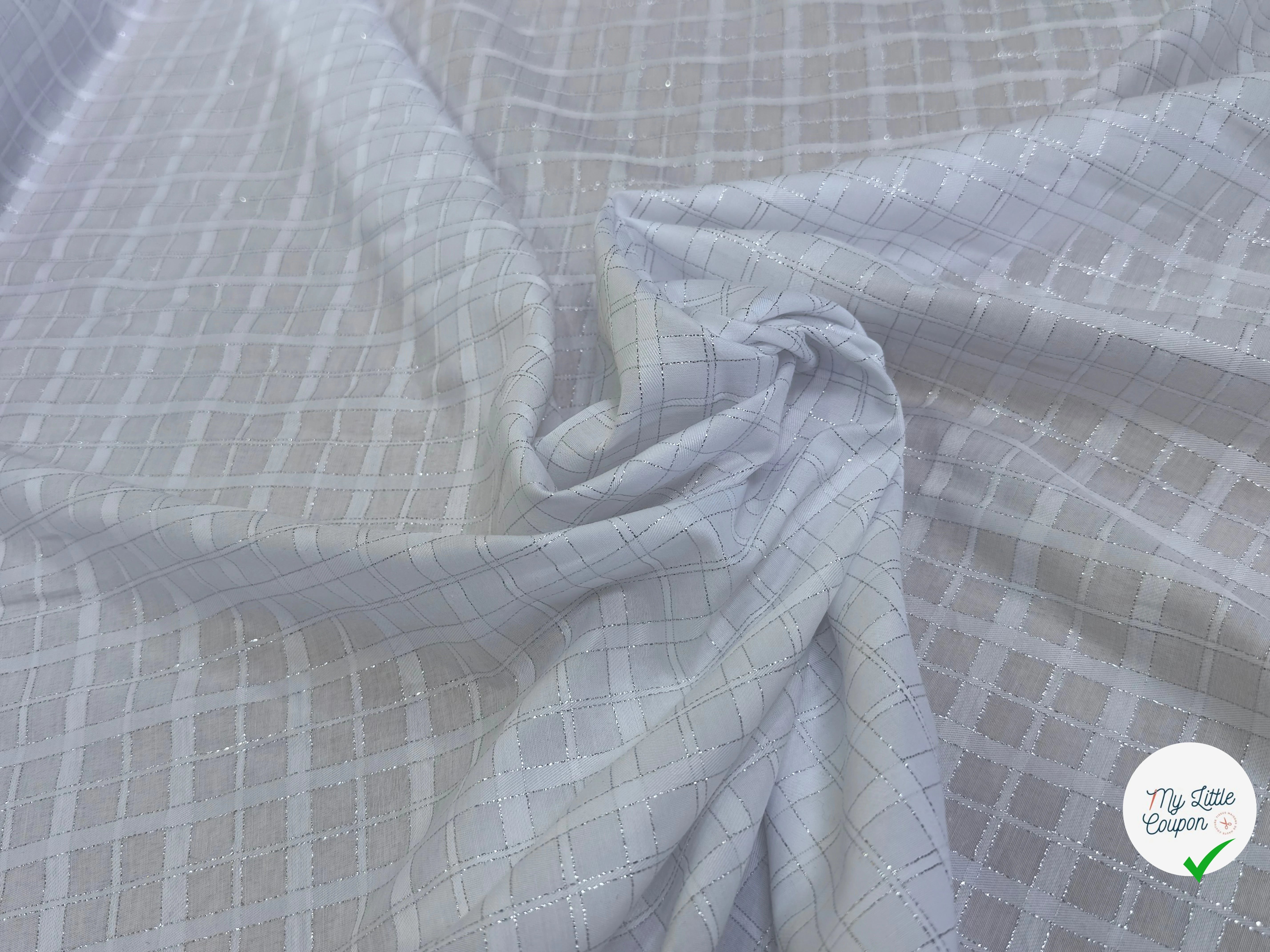 POPELINE POLYCOTON LUREX CARREAUX BLANC - My Little Coupon