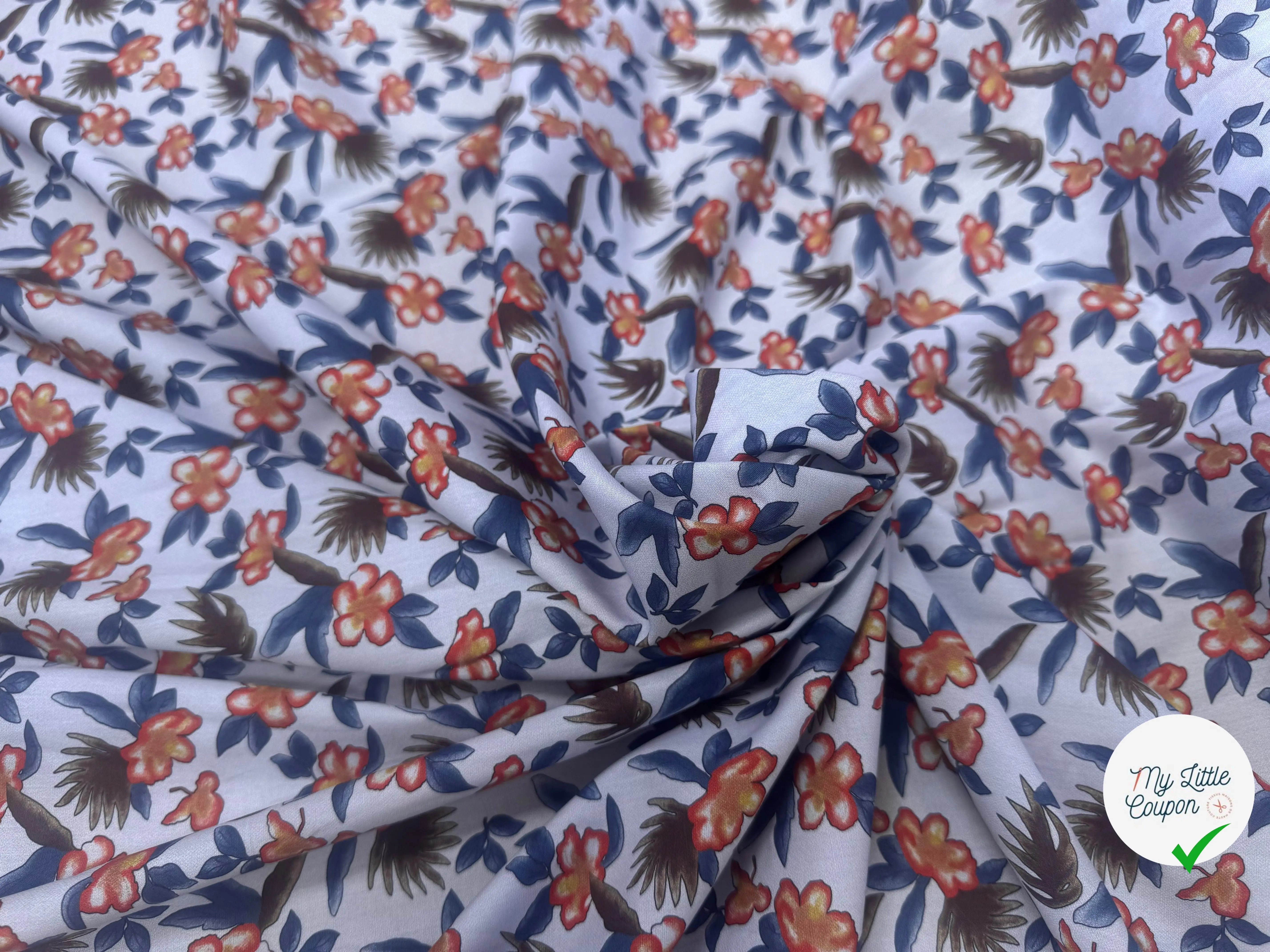 POPELINE SOUPLE COTON BLEU MOTIFS FLORAUX ORANGE BLEU MARRON - My Little Coupon