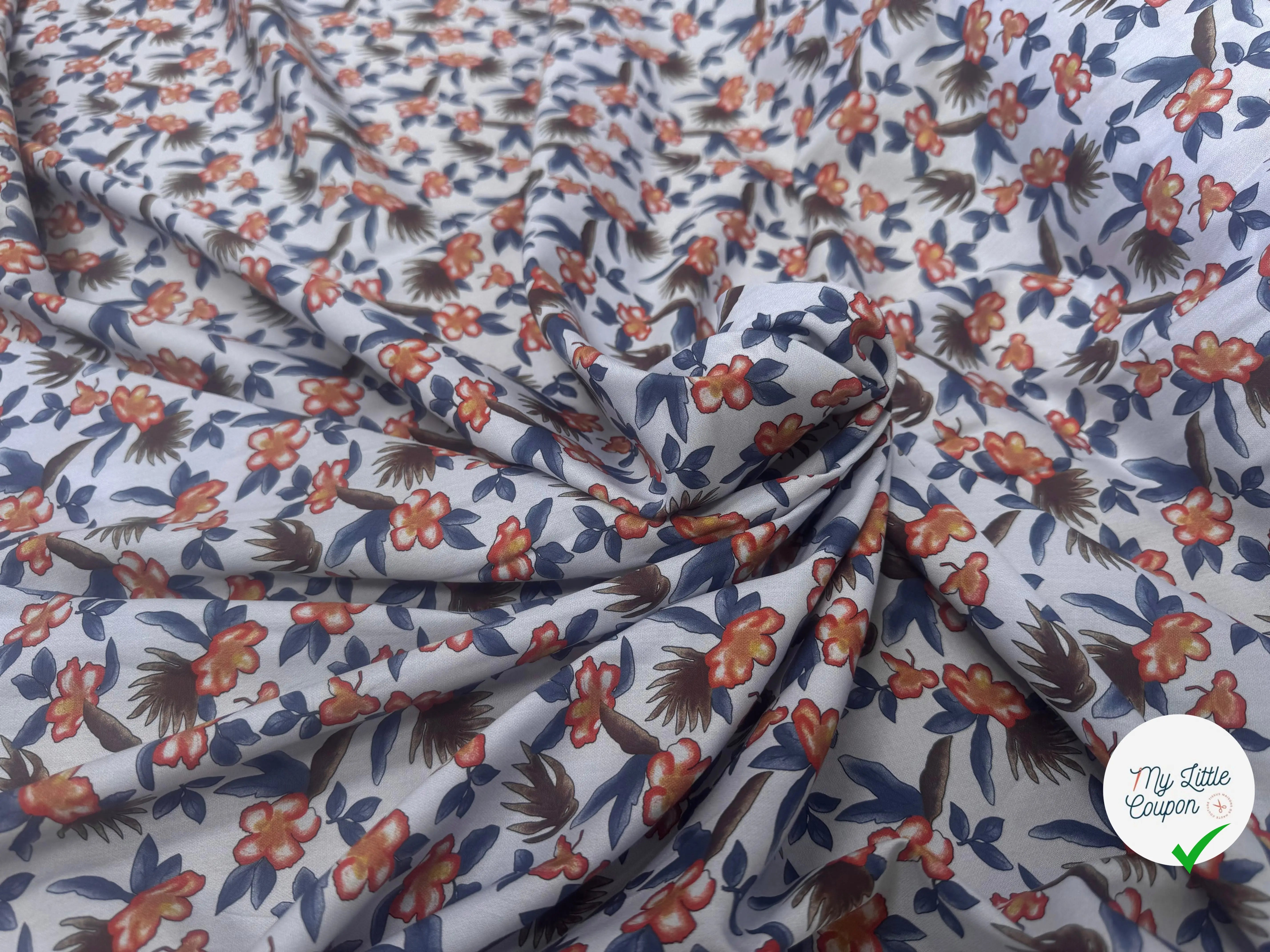 POPELINE SOUPLE COTON BLEU MOTIFS FLORAUX ORANGE BLEU MARRON - My Little Coupon