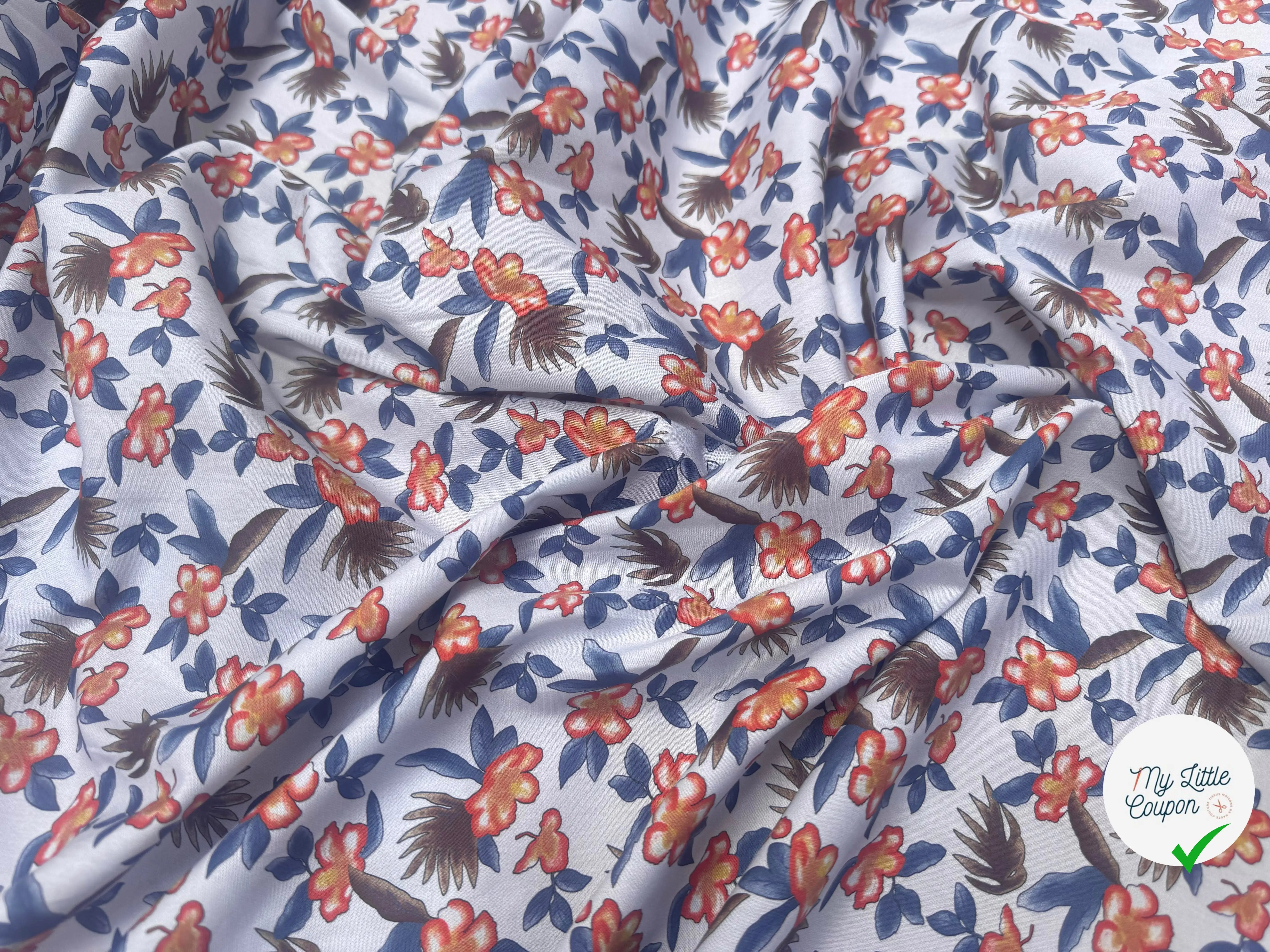 POPELINE SOUPLE COTON BLEU MOTIFS FLORAUX ORANGE BLEU MARRON - My Little Coupon