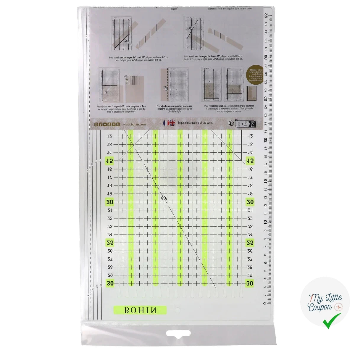 Règle patchwork avec fentes BOHIN 30 x 15 cm - dos du packaging
