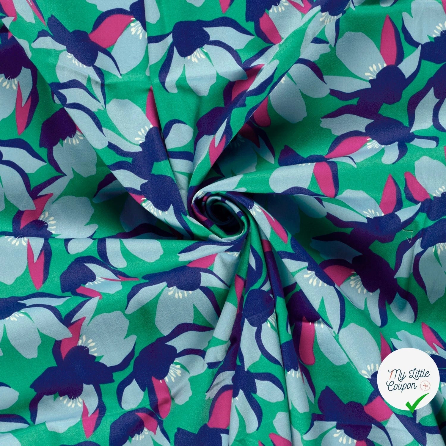 SATIN DE COTON FLEURS MENTHE FONCEE - My Little Coupon