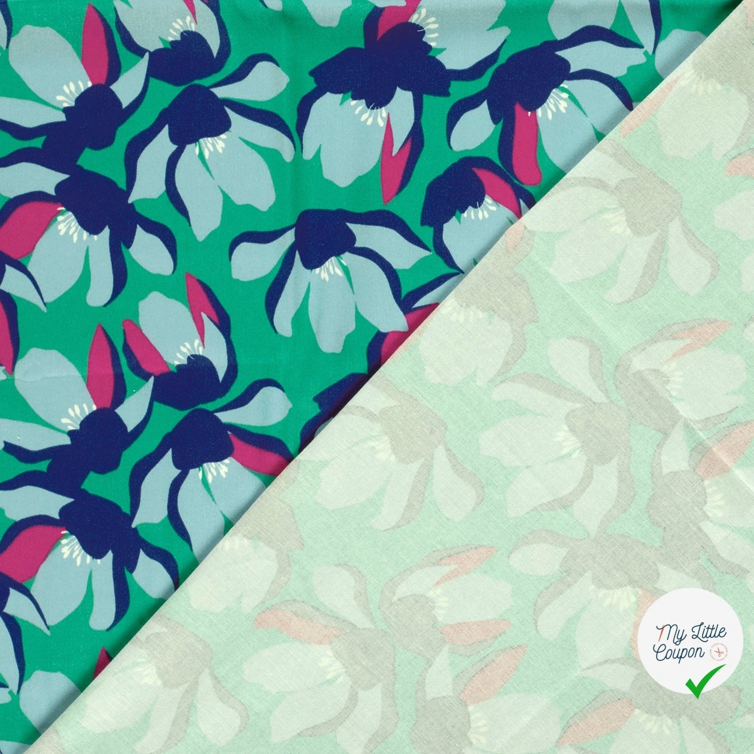 SATIN DE COTON FLEURS MENTHE FONCEE - My Little Coupon