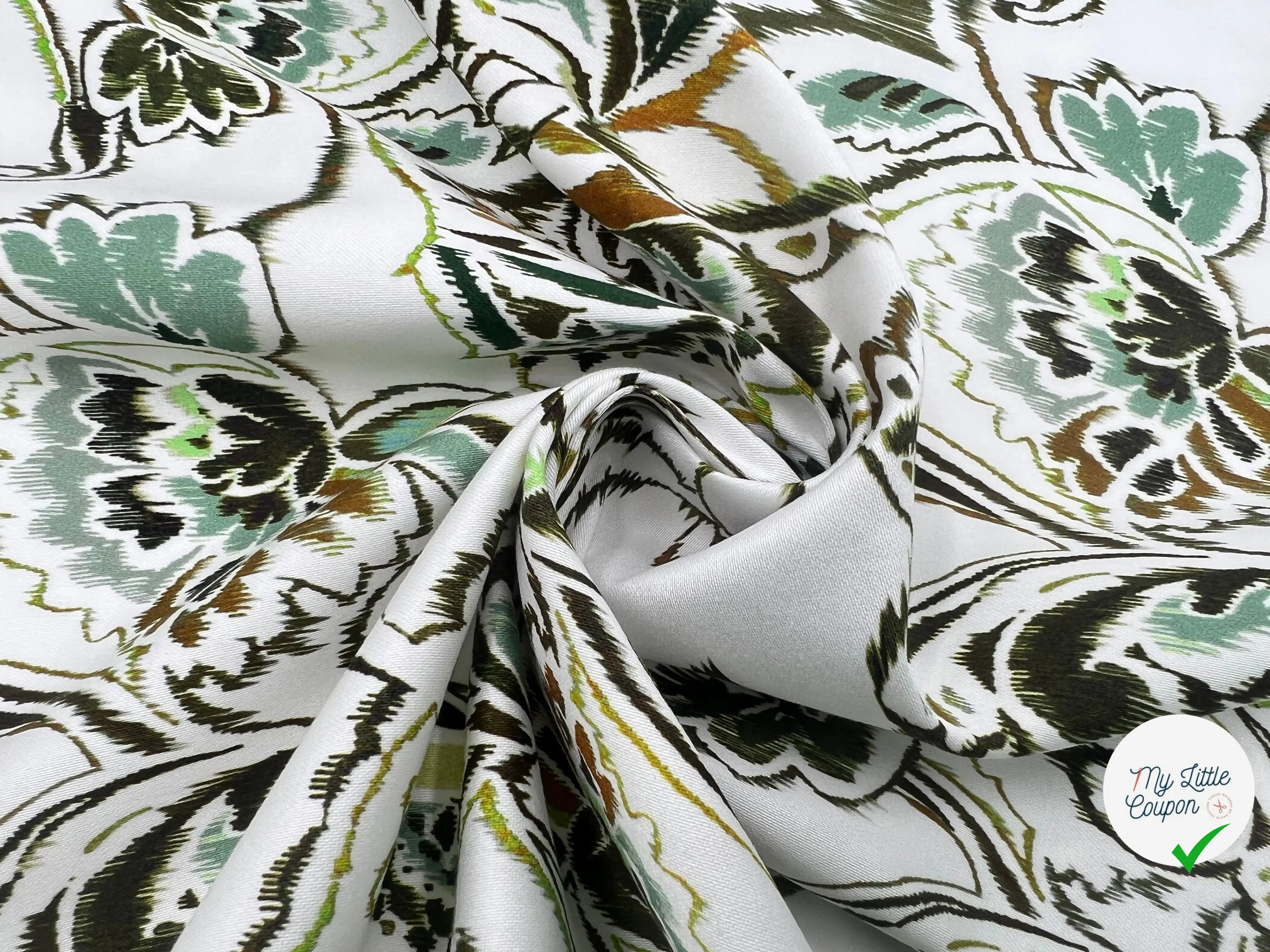 SATIN DE COTON STRETCH FLEURS D'ORIENT TONS DE PISTACHE - My Little Coupon