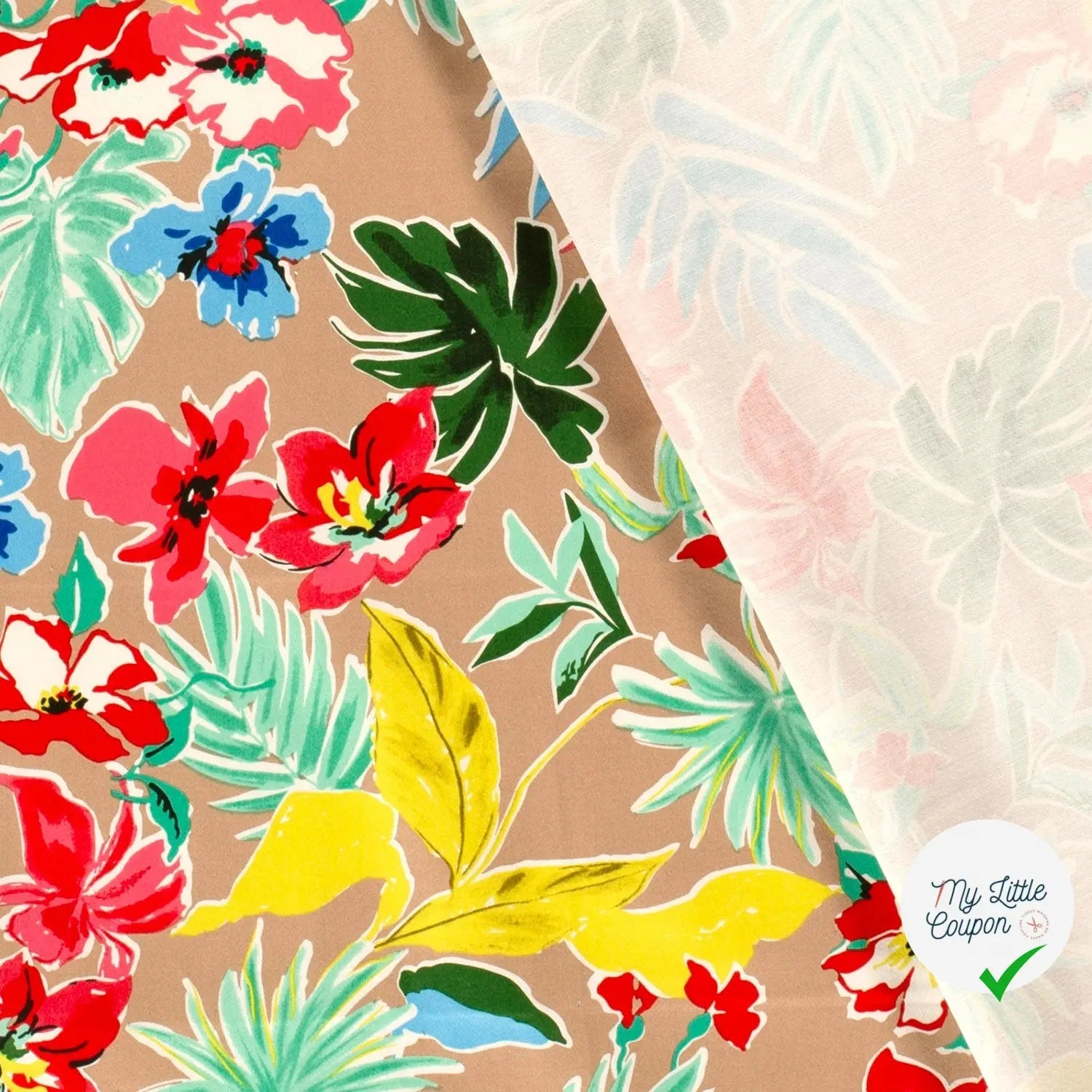 SATIN DE COTON TISSU IMPRIMÉ FLEURS CAMEL - My Little Coupon