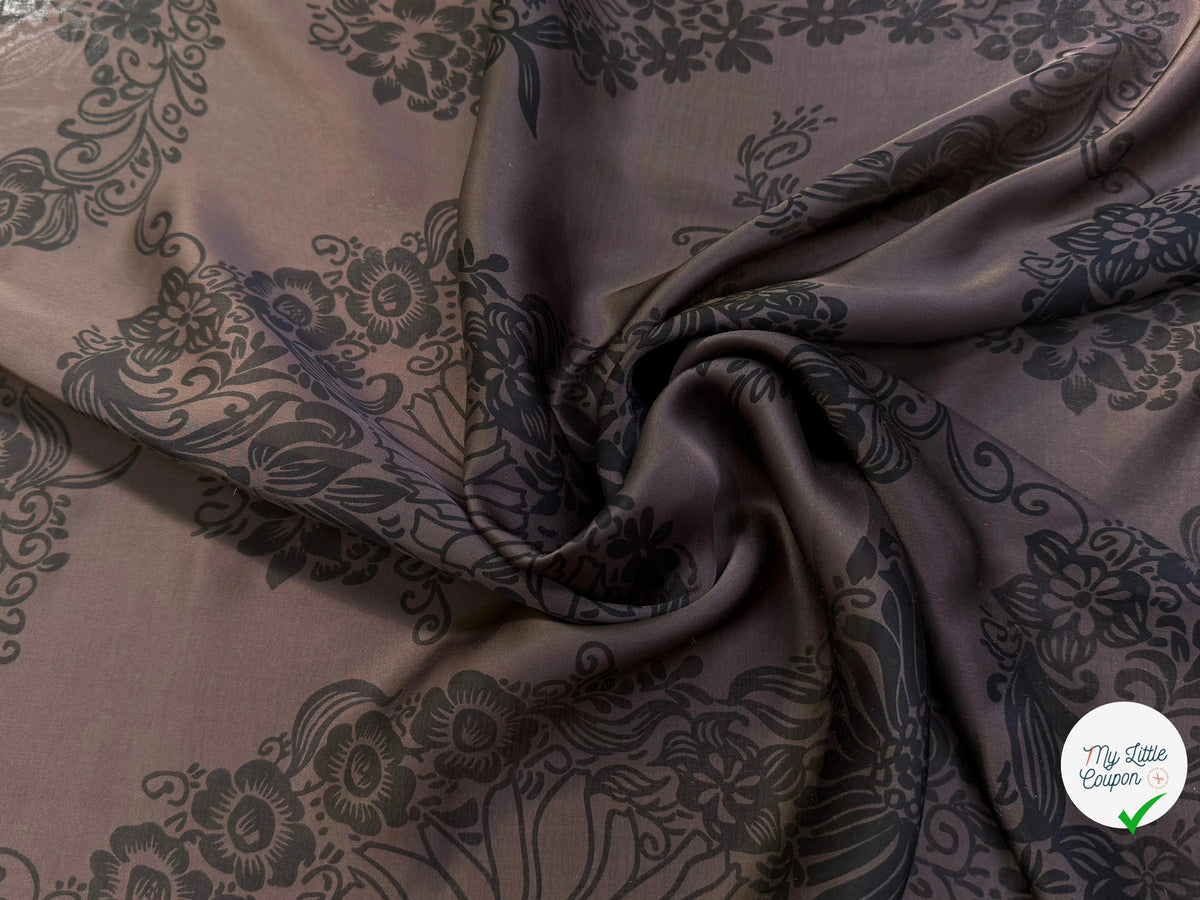 SATIN DE SOIE FLUIDE SMOKY BROWN IMPRIMÉ BASE DE FLEURS - My Little Coupon