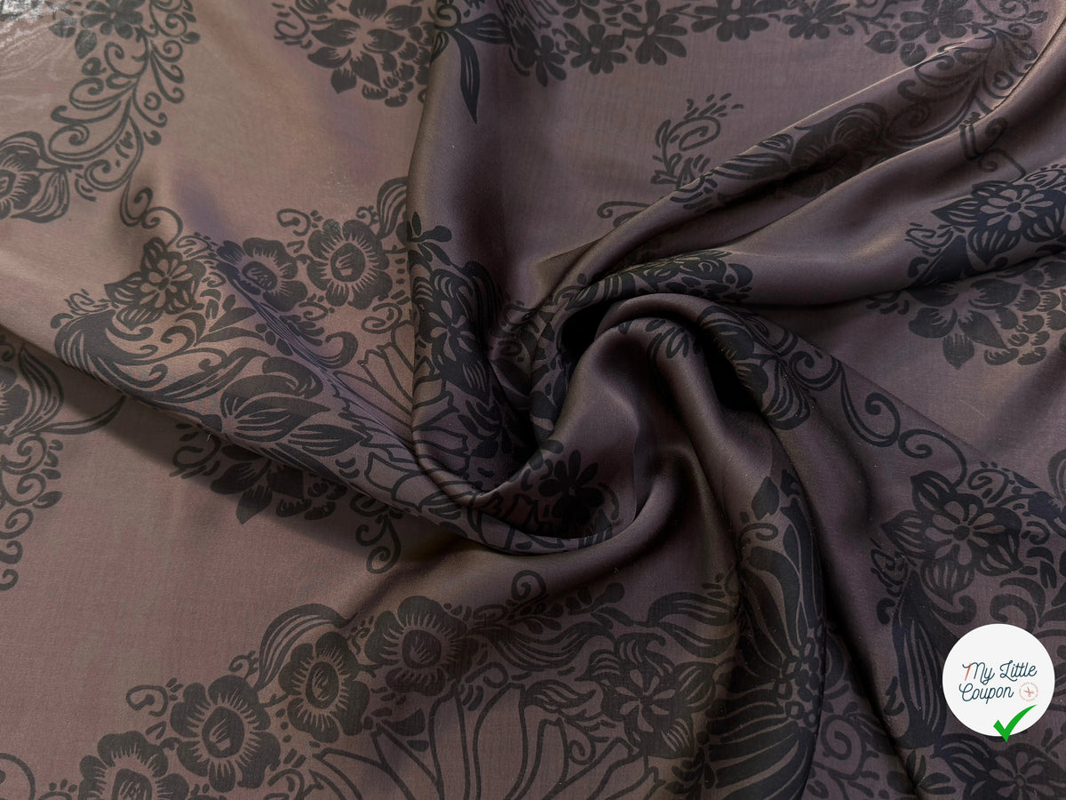 SATIN DE SOIE FLUIDE SMOKY BROWN IMPRIMÉ BASE DE FLEURS - My Little Coupon