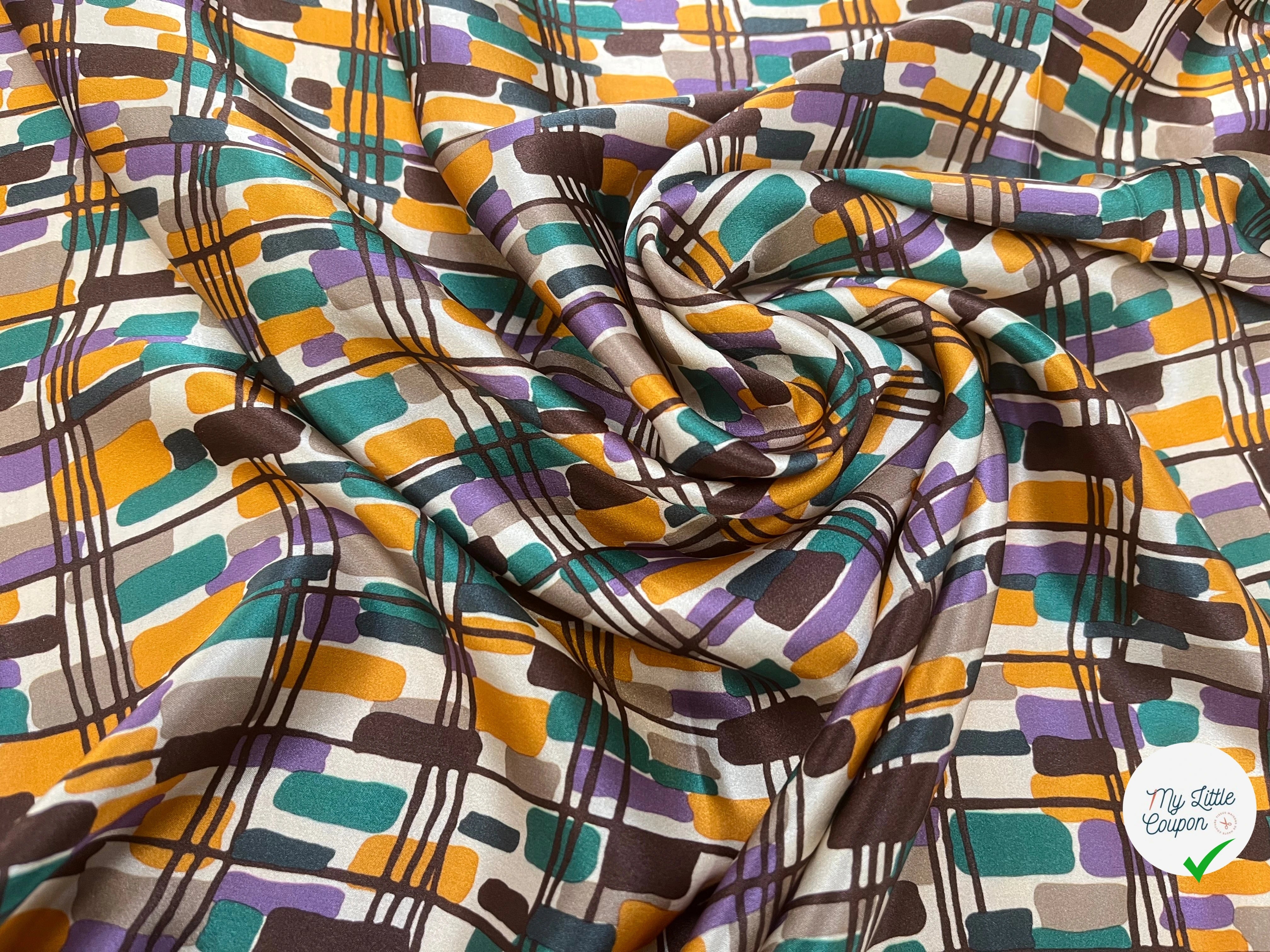 SATIN DE SOIE MOTIF RECTANGLE ABSTRAIT VERT JAUNE MARON ET VIOLET - My Little Coupon