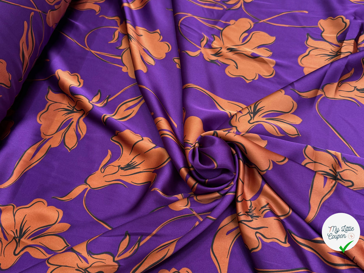SATIN FLUIDE FOND VIOLET FLORAUX CARAMEL - My Little Coupon