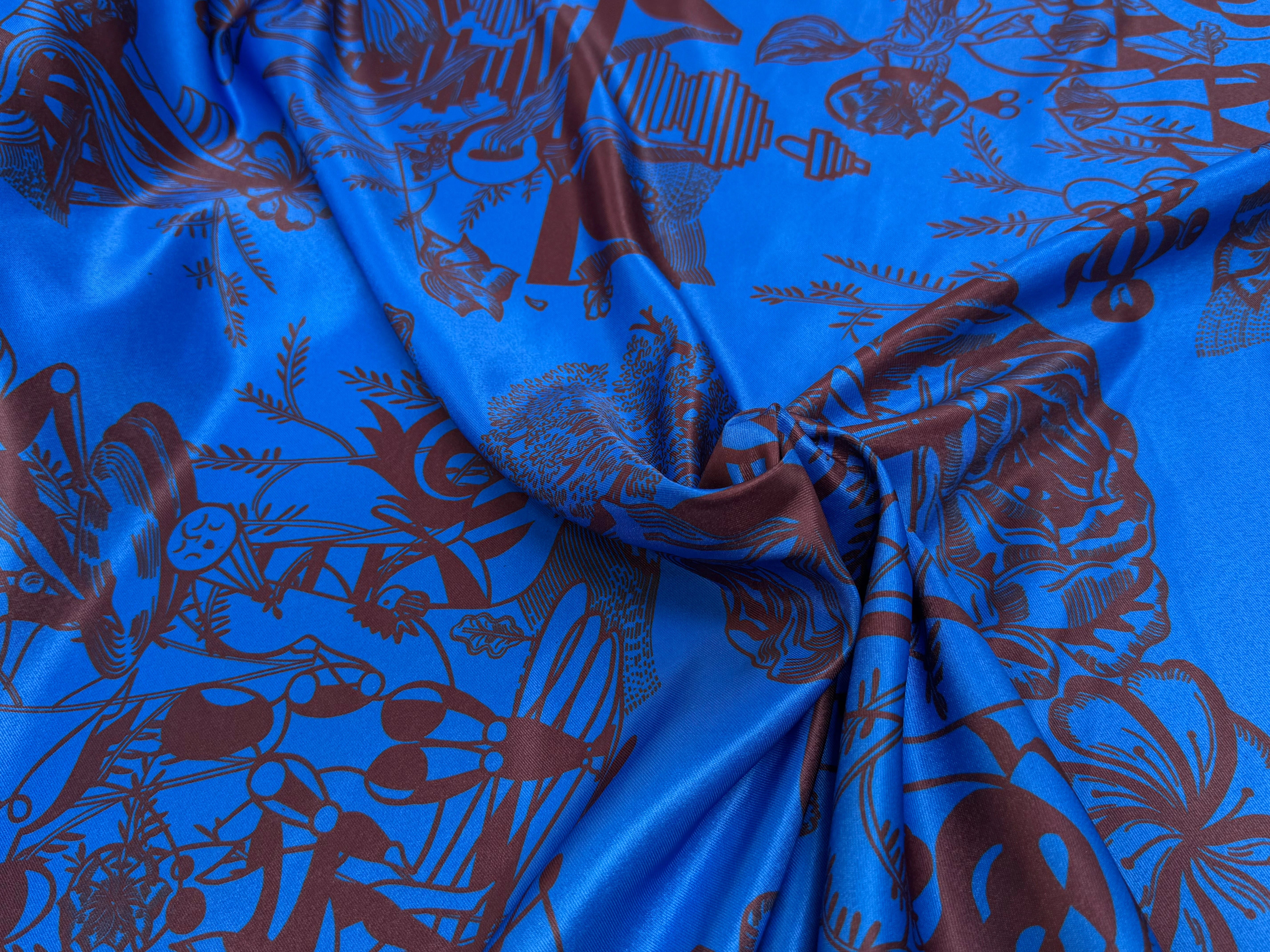 SATIN SERGÉ IMPRIMÉ FOND BLEU À MOTIF - My Little Coupon