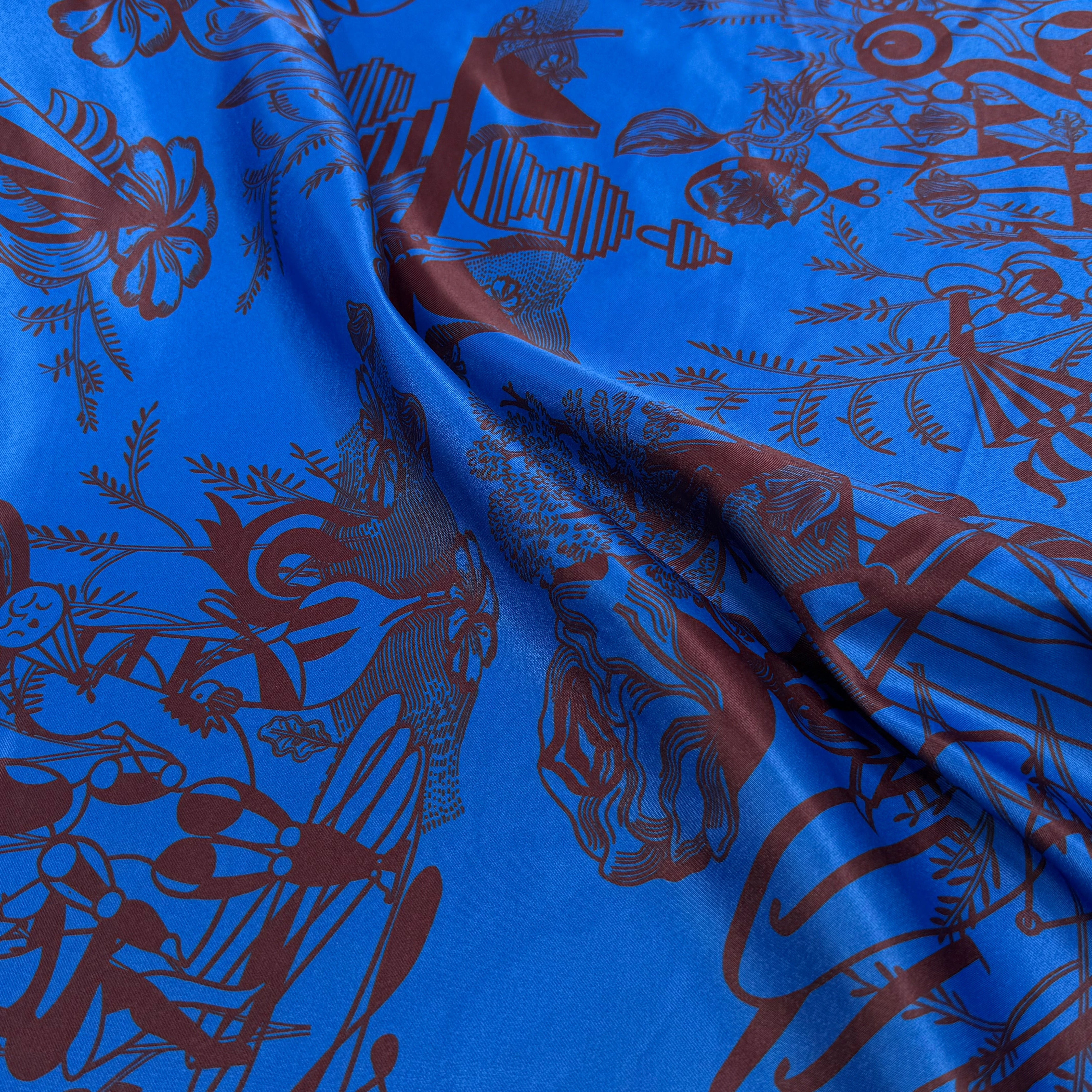 SATIN SERGÉ IMPRIMÉ FOND BLEU À MOTIF - My Little Coupon