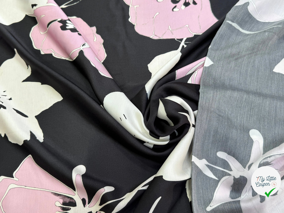 SATIN VISCOSE FLUIDE ET DOUCE FOND NOIR CHIC GROSSES FLEURS - My Little Coupon