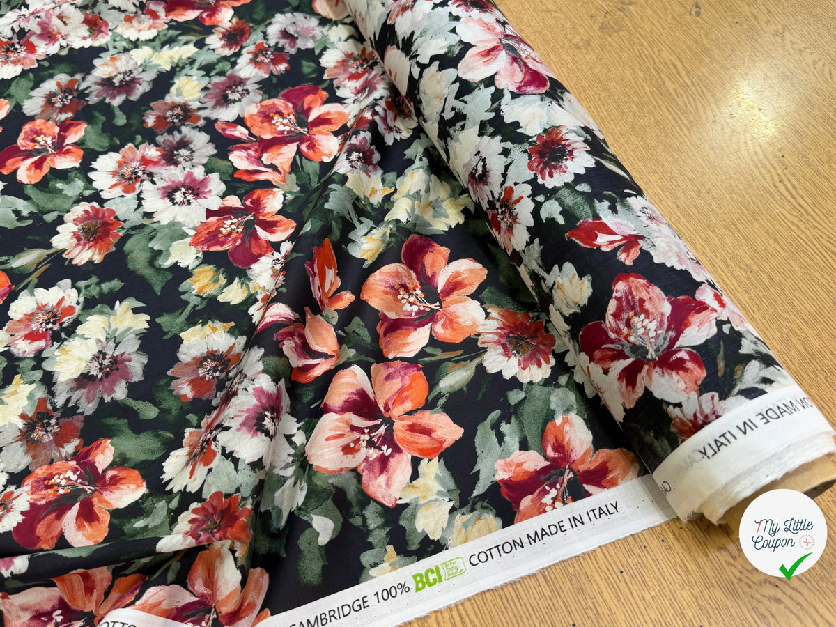 SATIN VOILE DE COTON ÉMERISE PREMIUM FOND NOIR DOUX MADE IN ITALY - My Little Coupon