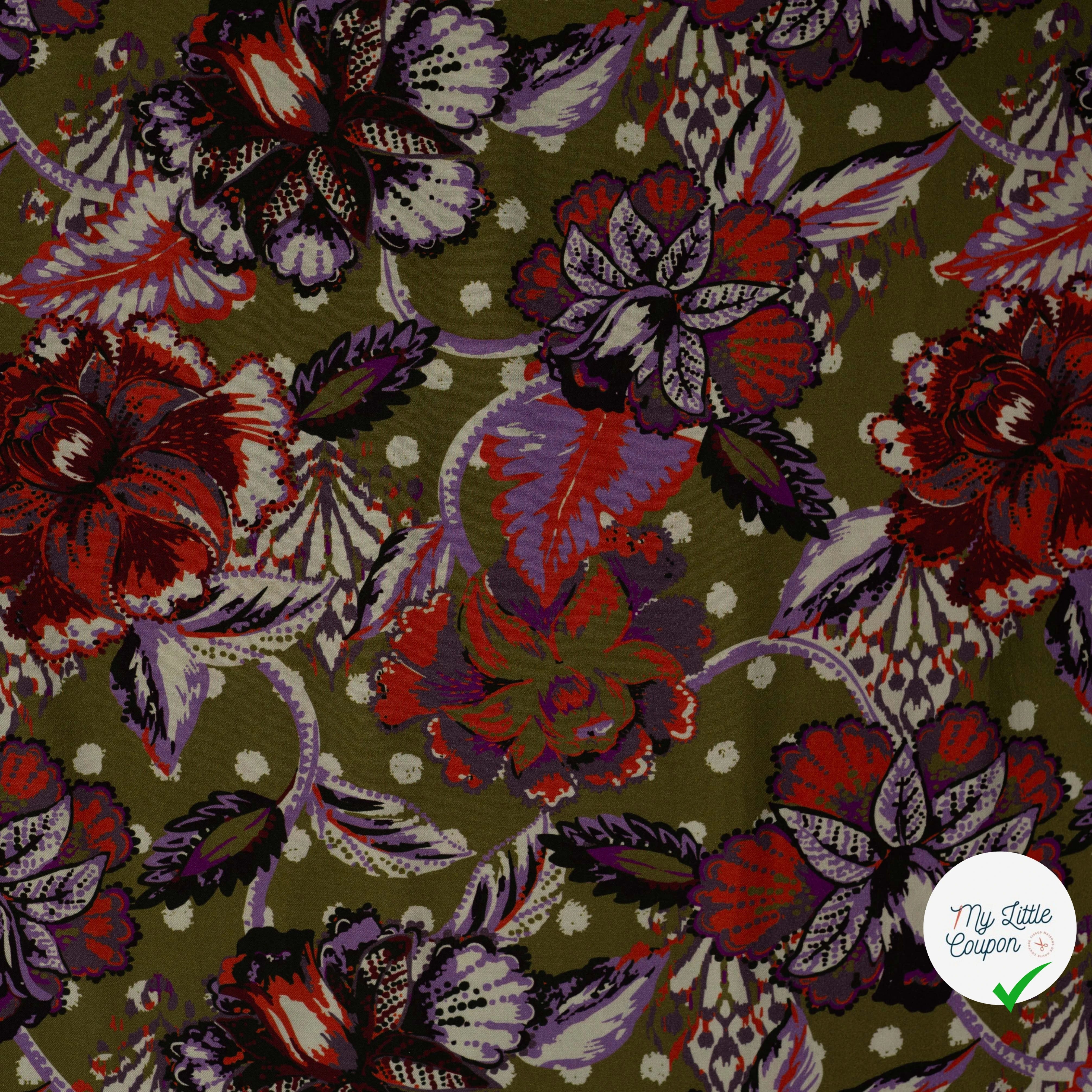 Sergé de viscose EcoVero cachemire fleuri kaki - vue à plat