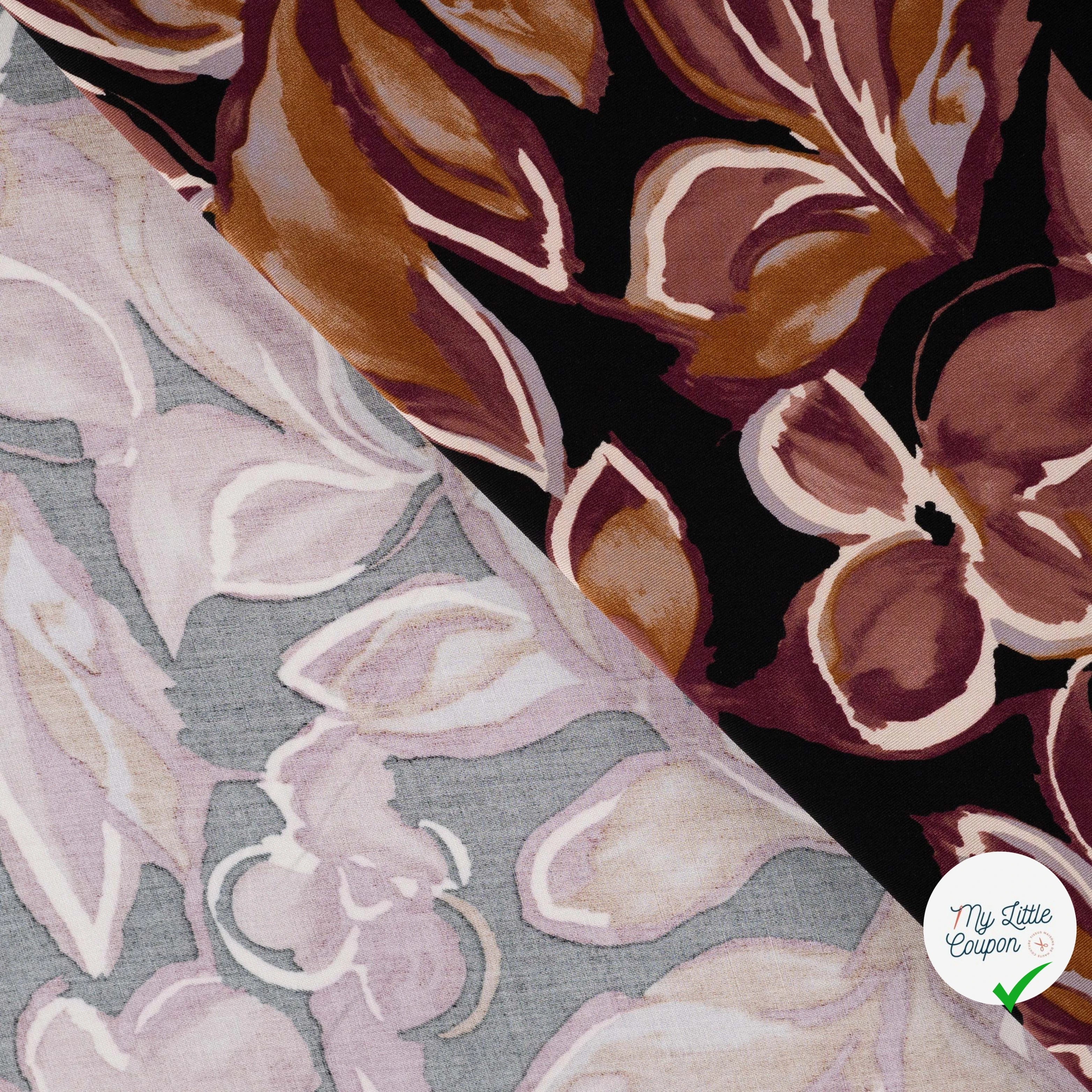 Sergé de viscose imprimé feuilles bordeaux - détail du motif