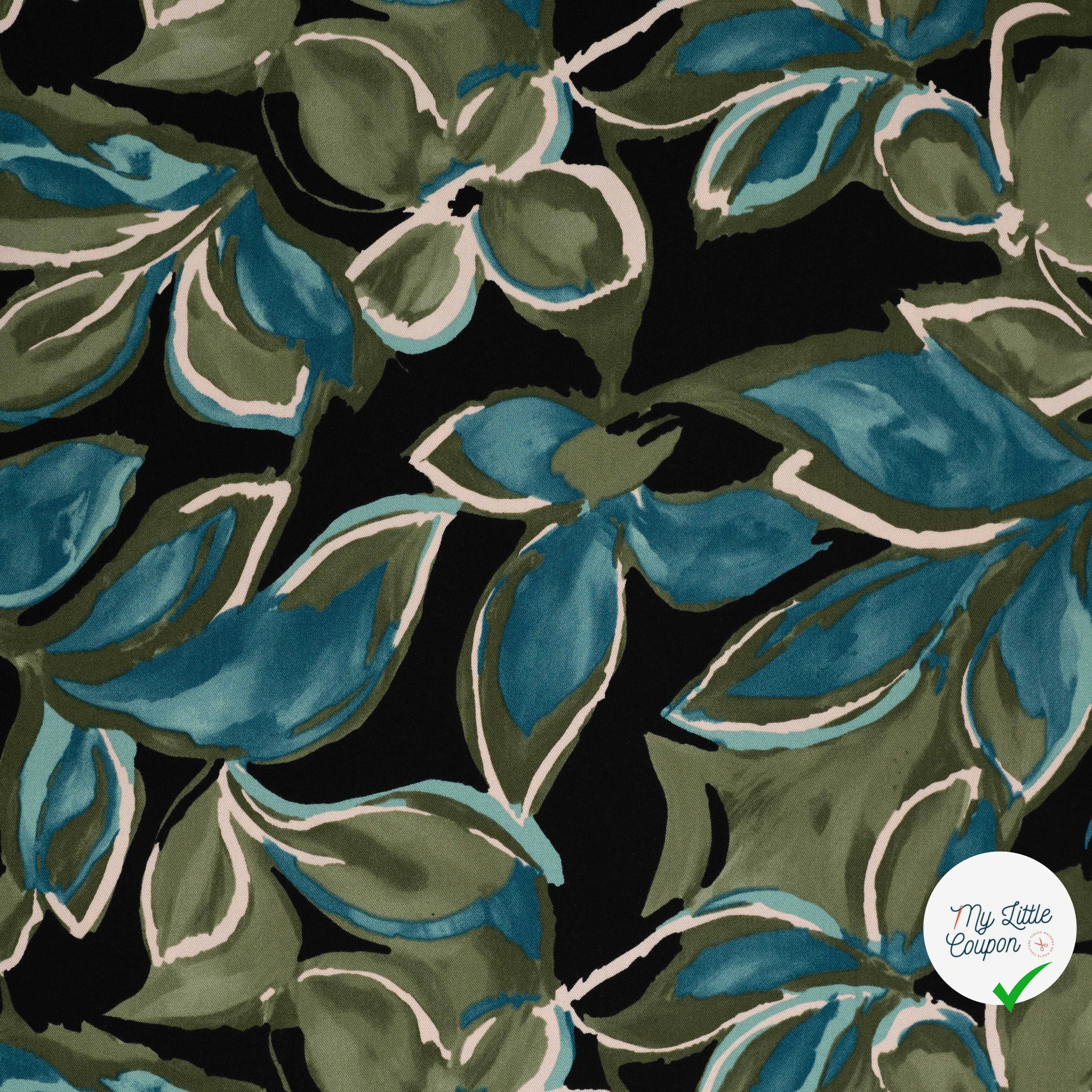 Sergé de viscose imprimé feuilles turquoise - vue à plat