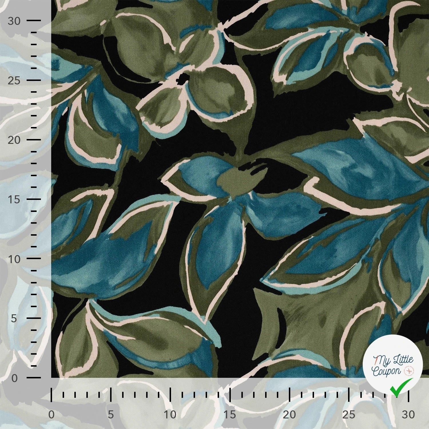 Sergé de viscose imprimé feuilles turquoise - mise en situation
