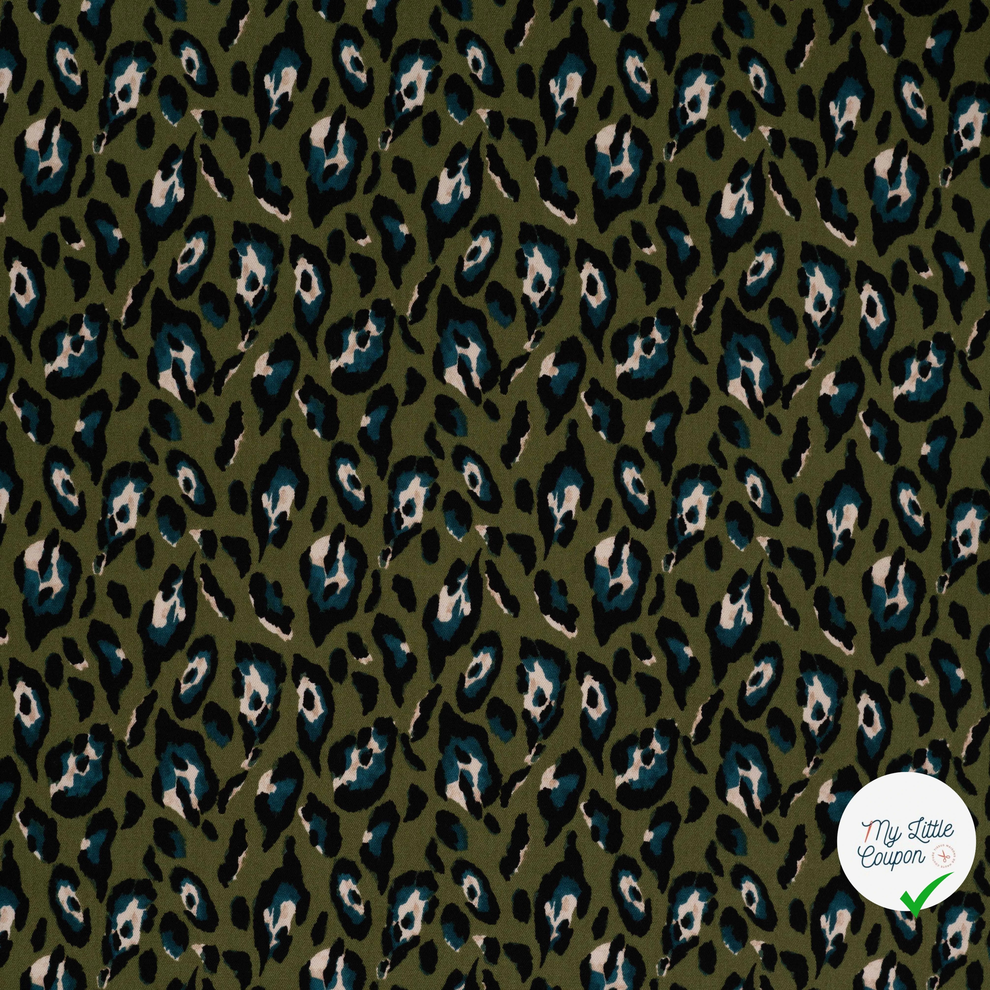 Sergé de viscose imprimé léopard turquoise - vue à plat
