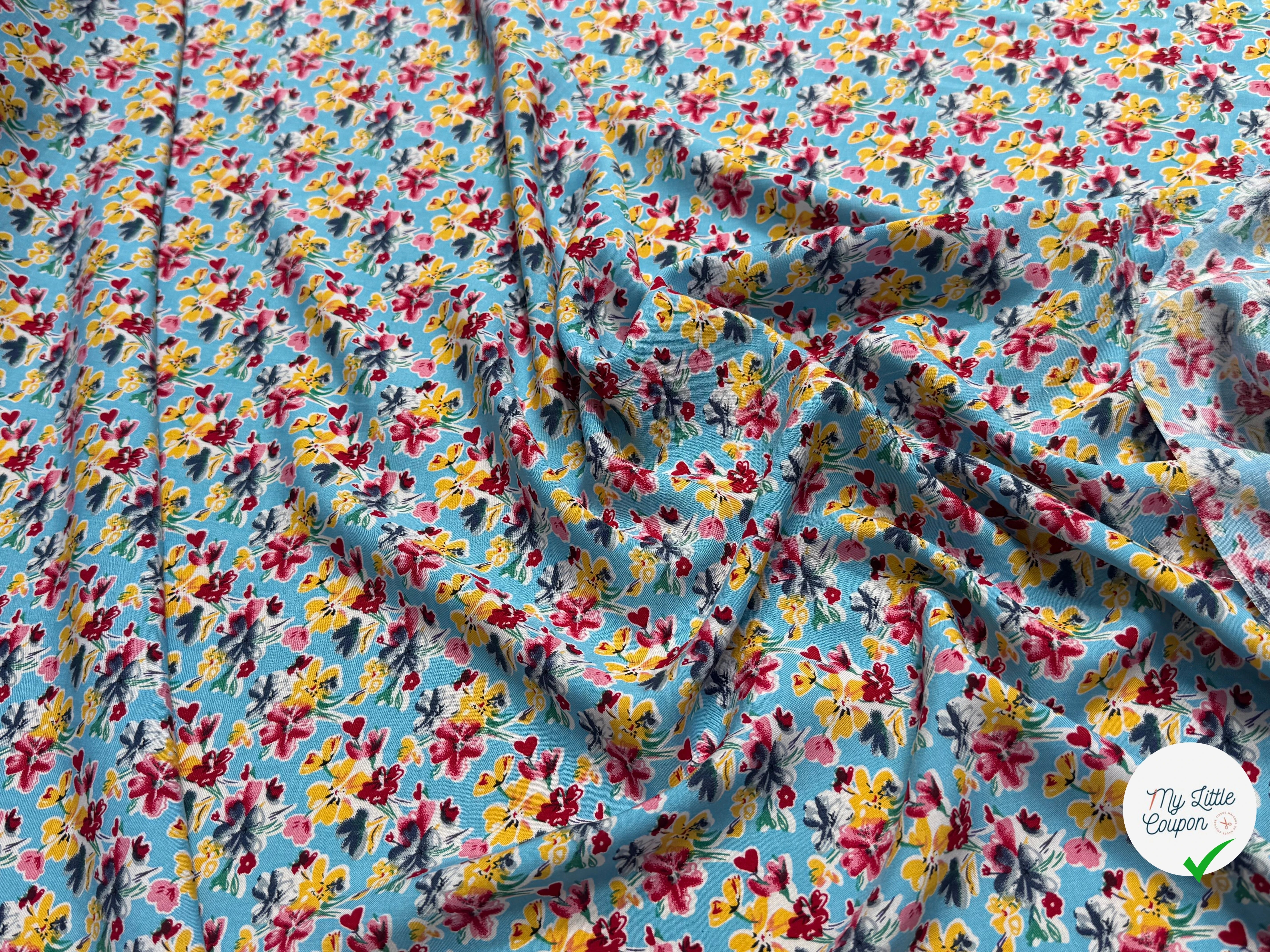 TISSU 100% VISCOSE FOND BLEU CIEL IMPRIMÉ BOUQUETS - My Little Coupon