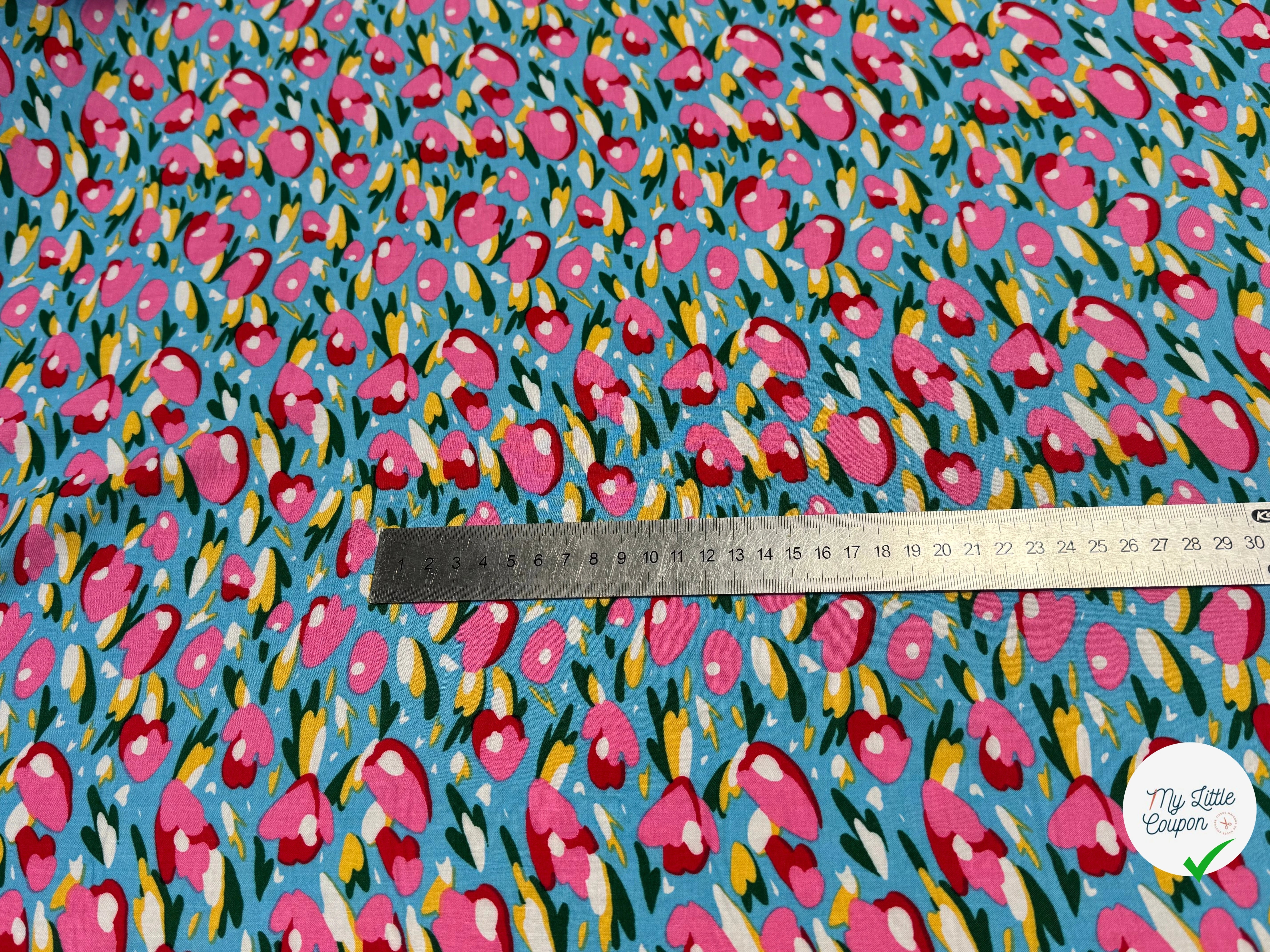 TISSU 100% VISCOSE FOND BONNIE BLUE IMPRIMÉ TULIP - My Little Coupon