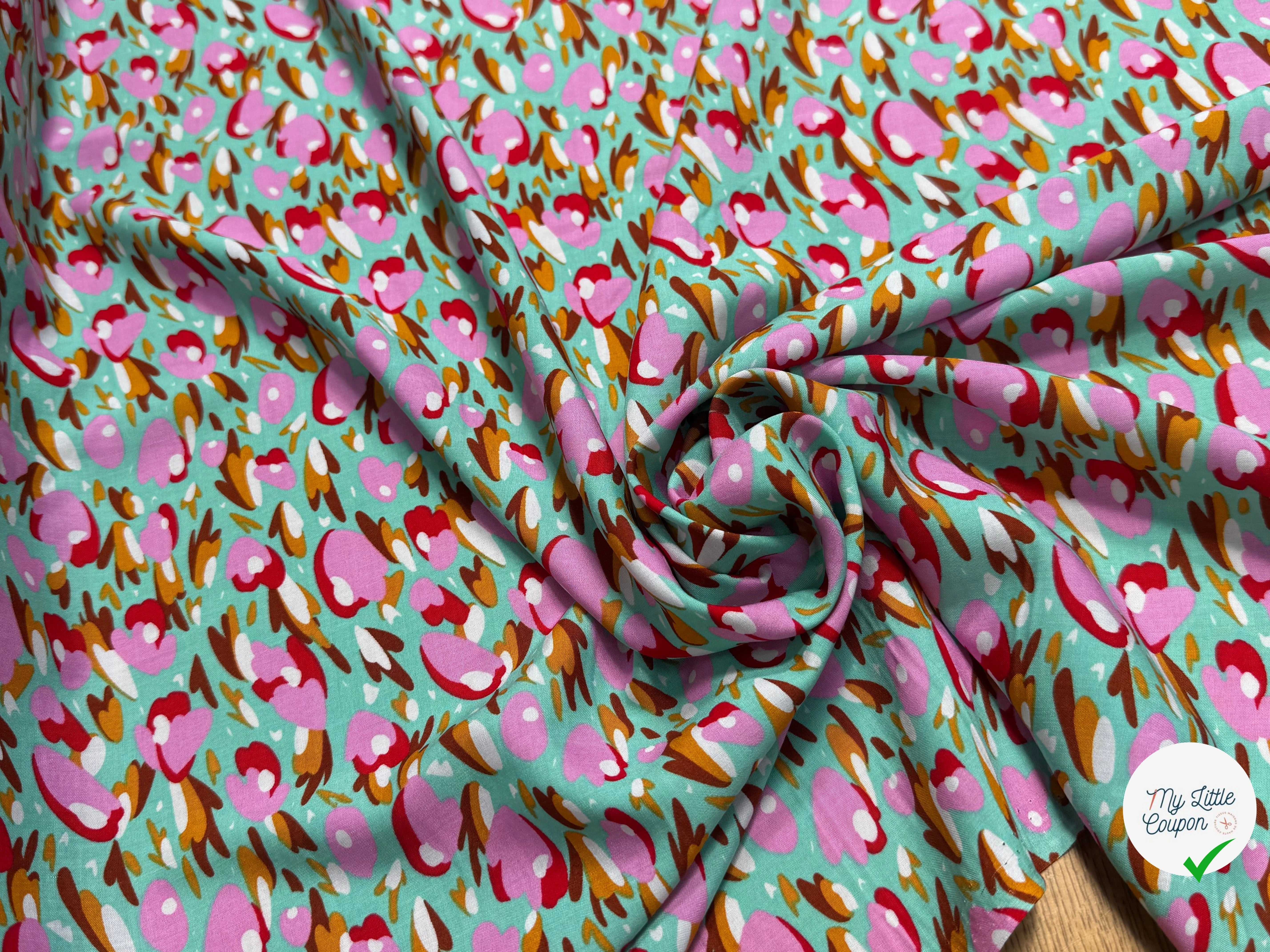 TISSU 100% VISCOSE FOND LAGOON IMPRIMÉ TULIP - My Little Coupon