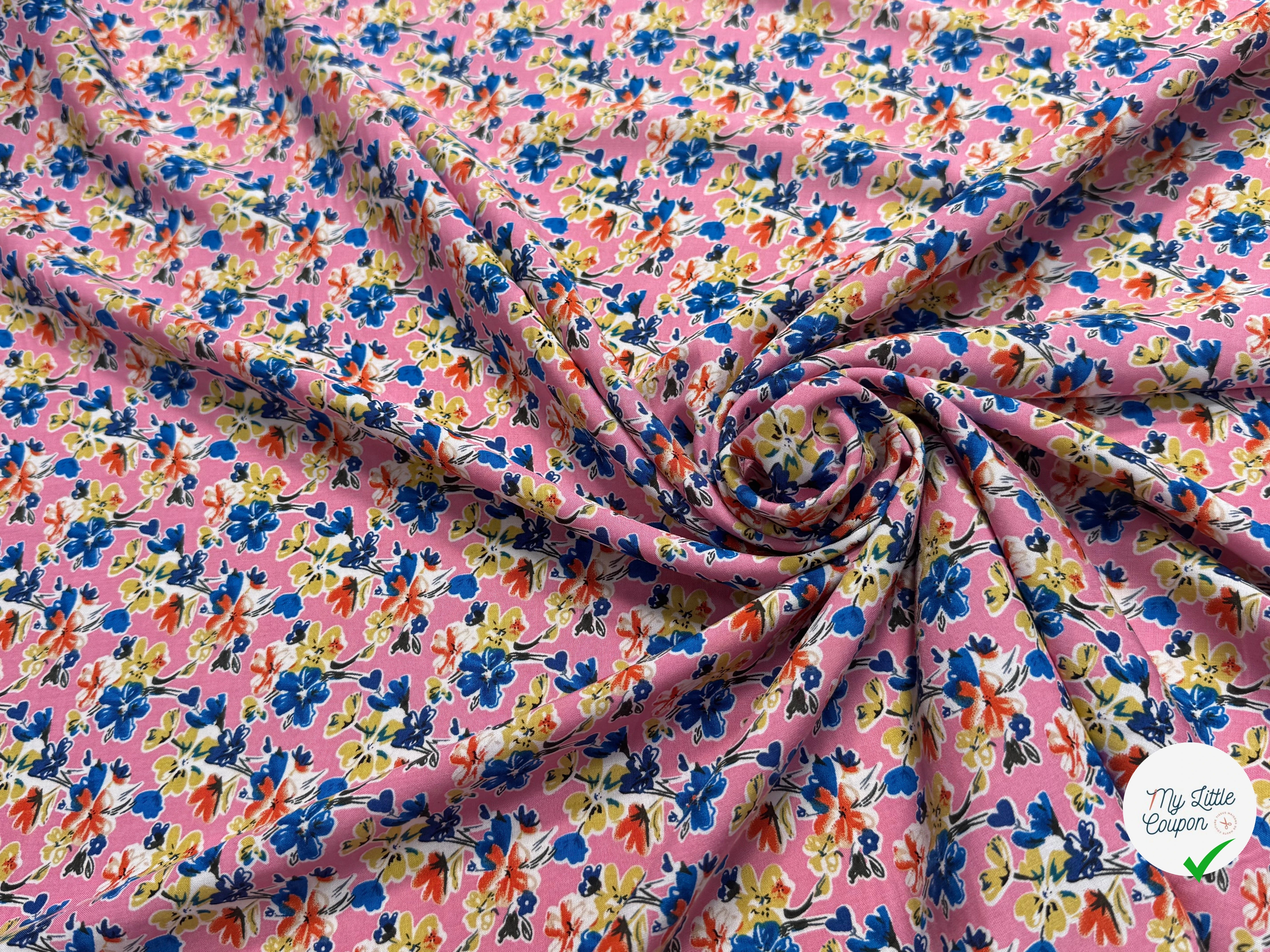 TISSU 100% VISCOSE FOND ROSE IMPRIMÉ BOUQUETS - My Little Coupon