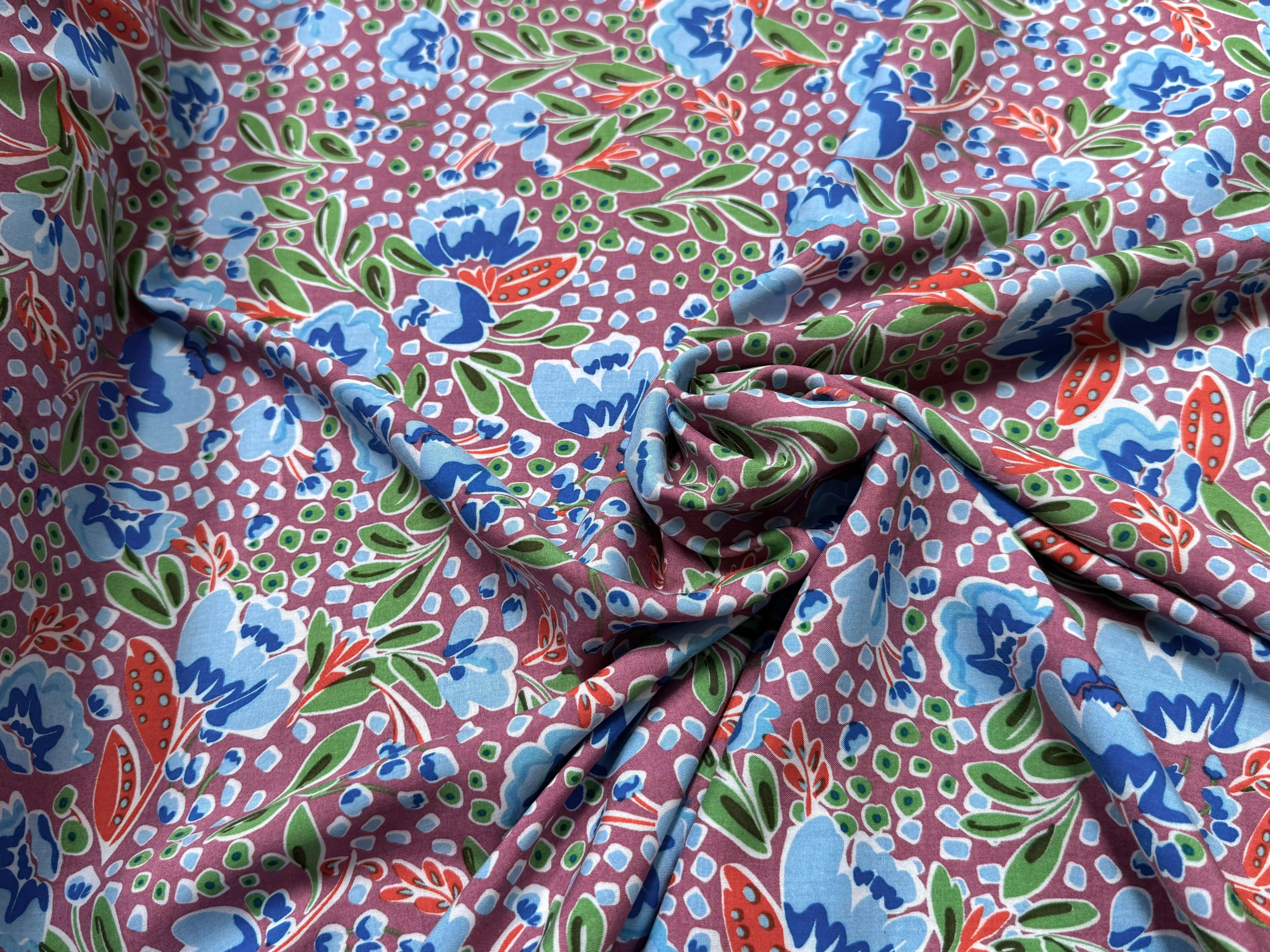 TISSU 100% VISCOSE IMPRIMÉ FEUILLAGES FOND VIEUX ROSE - My Little Coupon