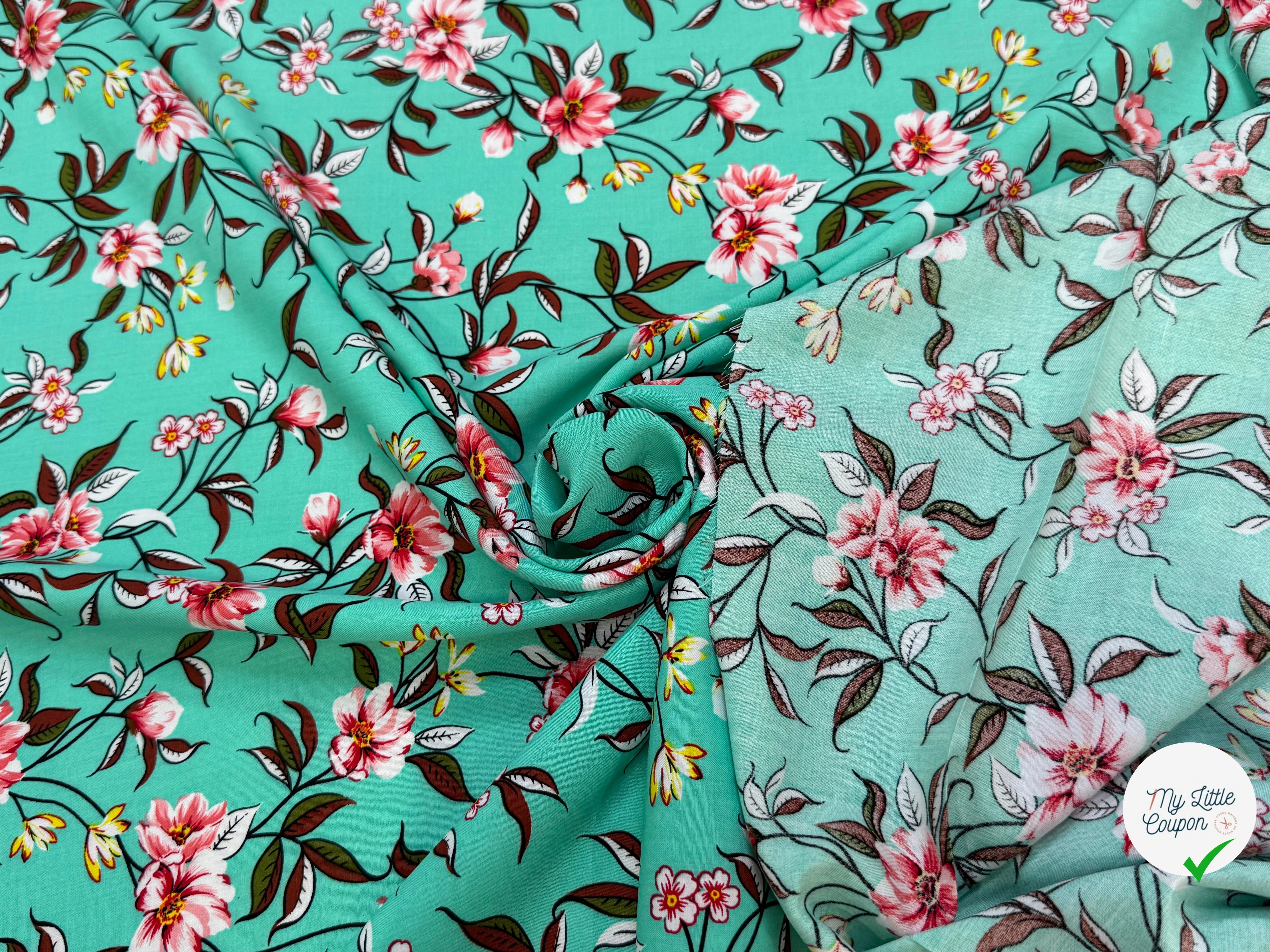 TISSU 100% VISCOSE IMPRIMÉ FOND LAGOON - My Little Coupon