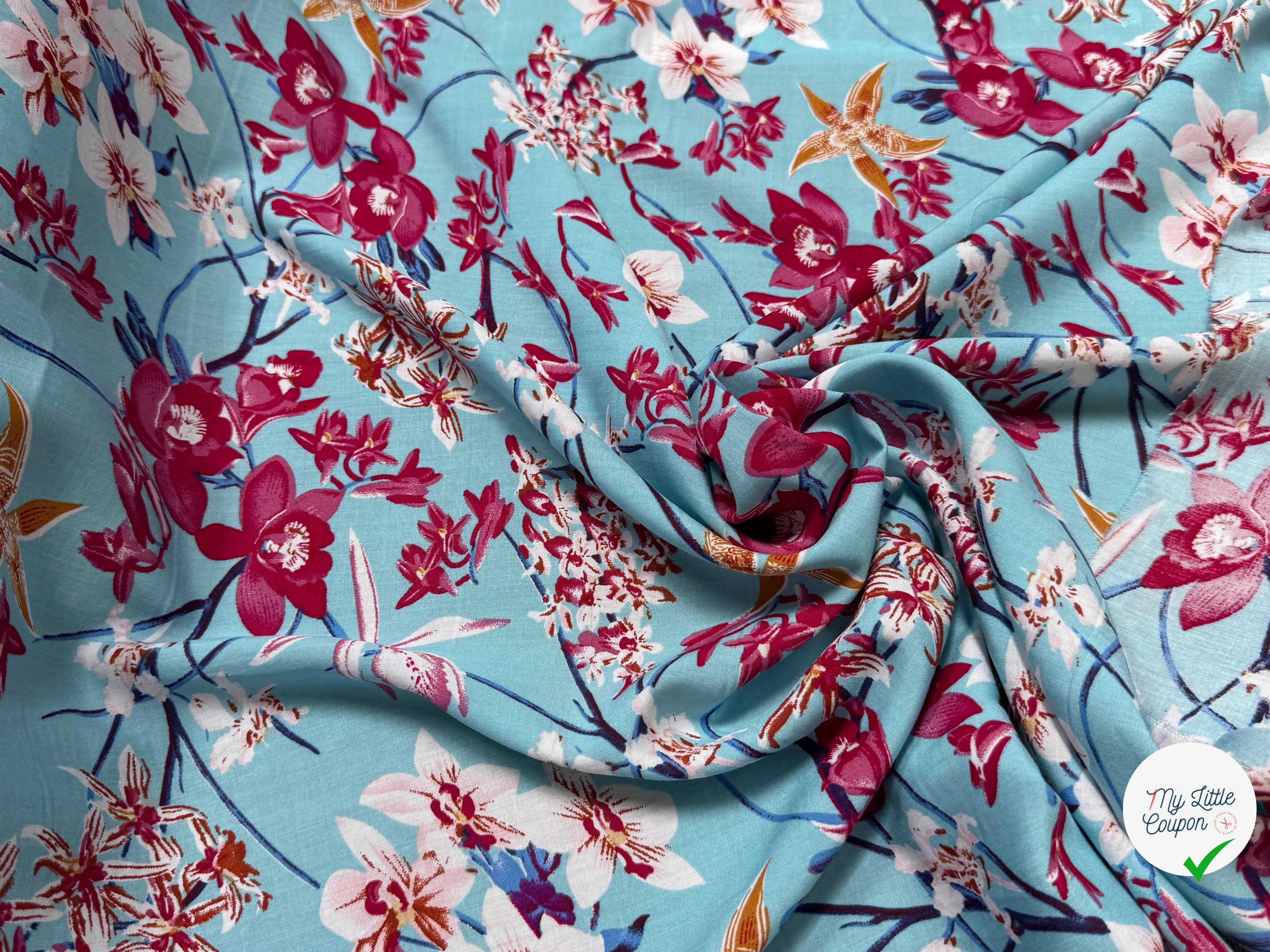 TISSU 100% VISCOSE IMPRIMÉ MOTIFS FLOREAUX FOND TURQUOISE - My Little Coupon