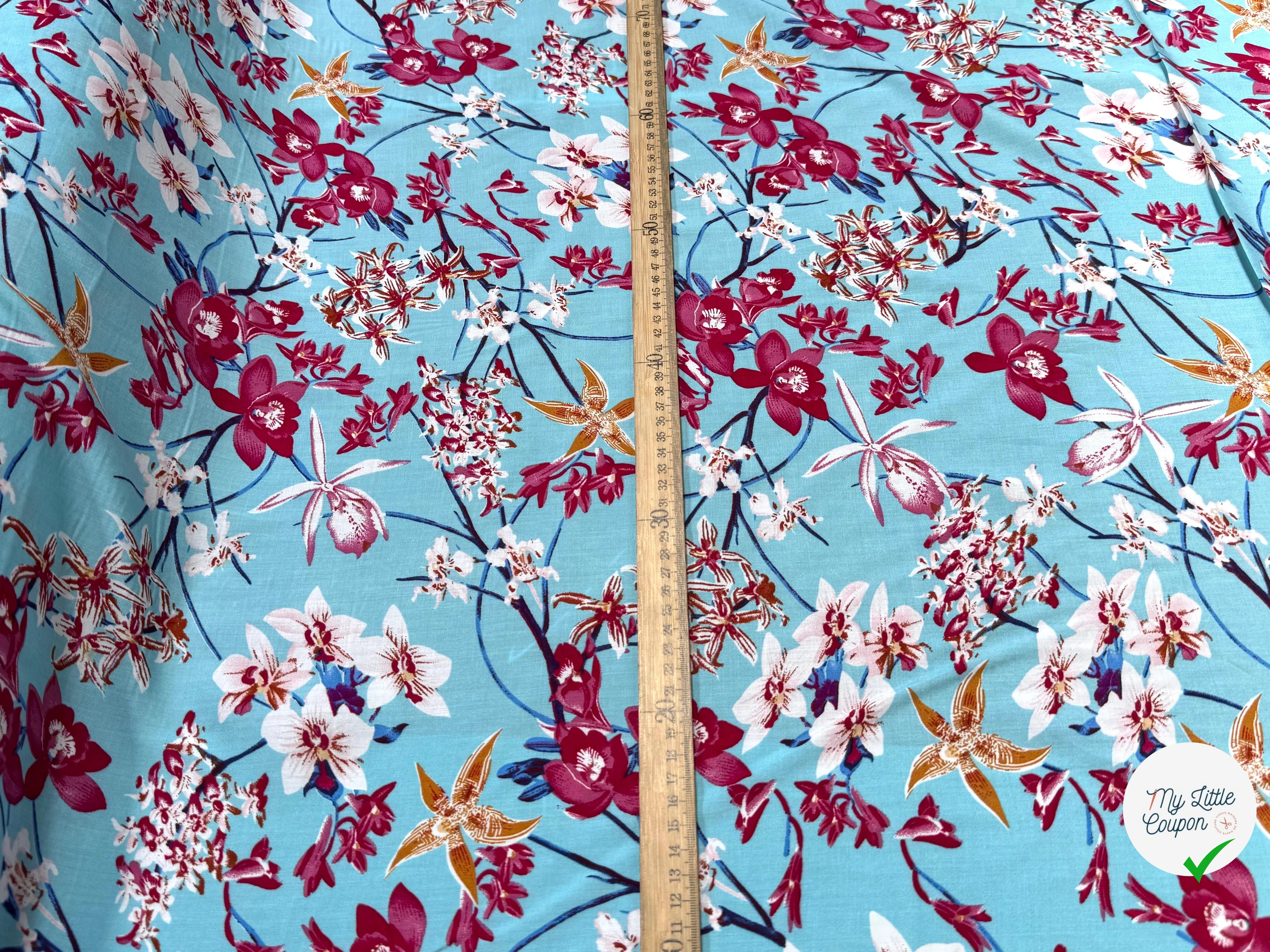 TISSU 100% VISCOSE IMPRIMÉ MOTIFS FLOREAUX FOND TURQUOISE - My Little Coupon