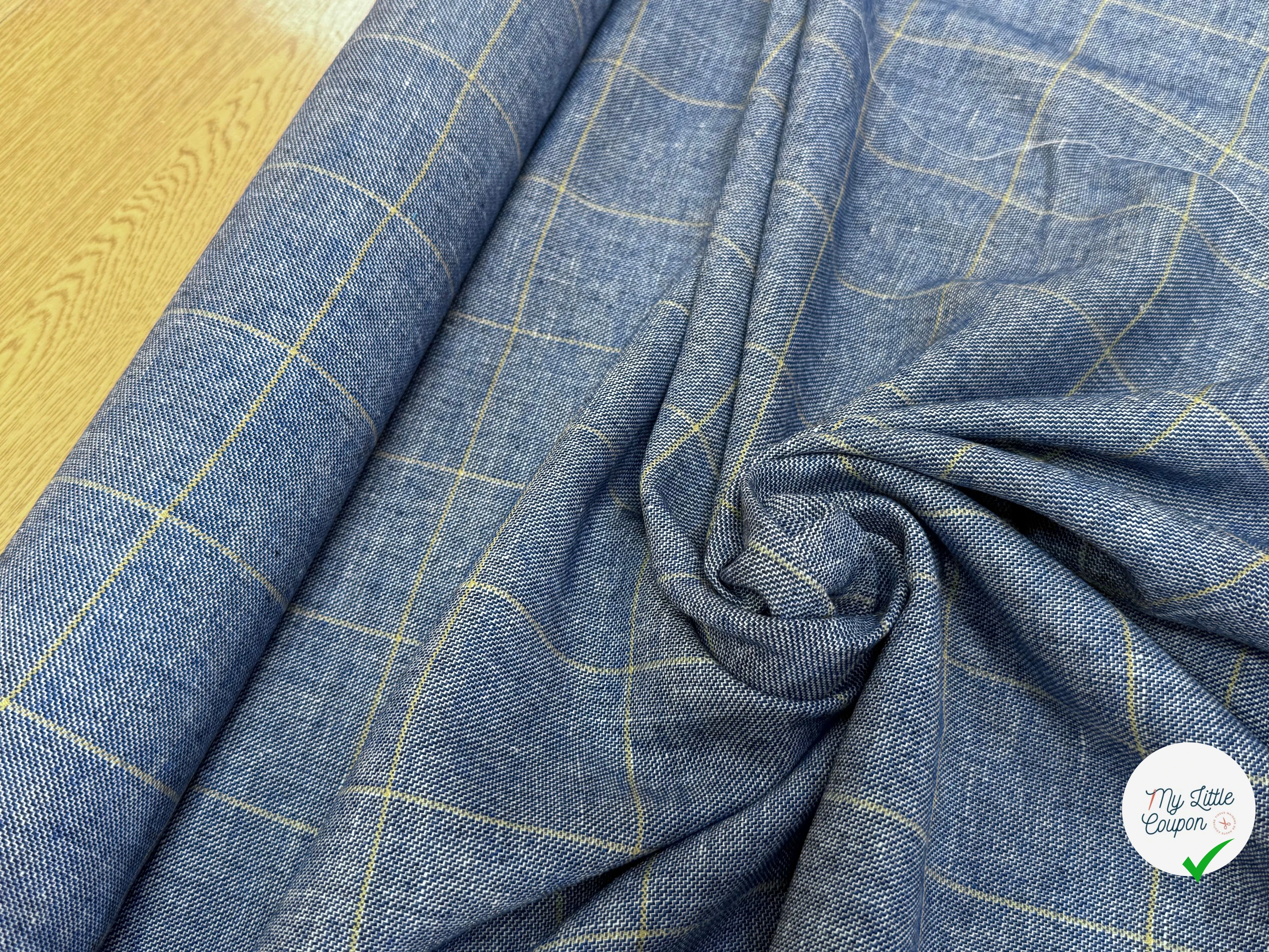 TISSU À CARREAUX 42% LIN LAINE & VISCOSE BLEU DENIM - My Little Coupon