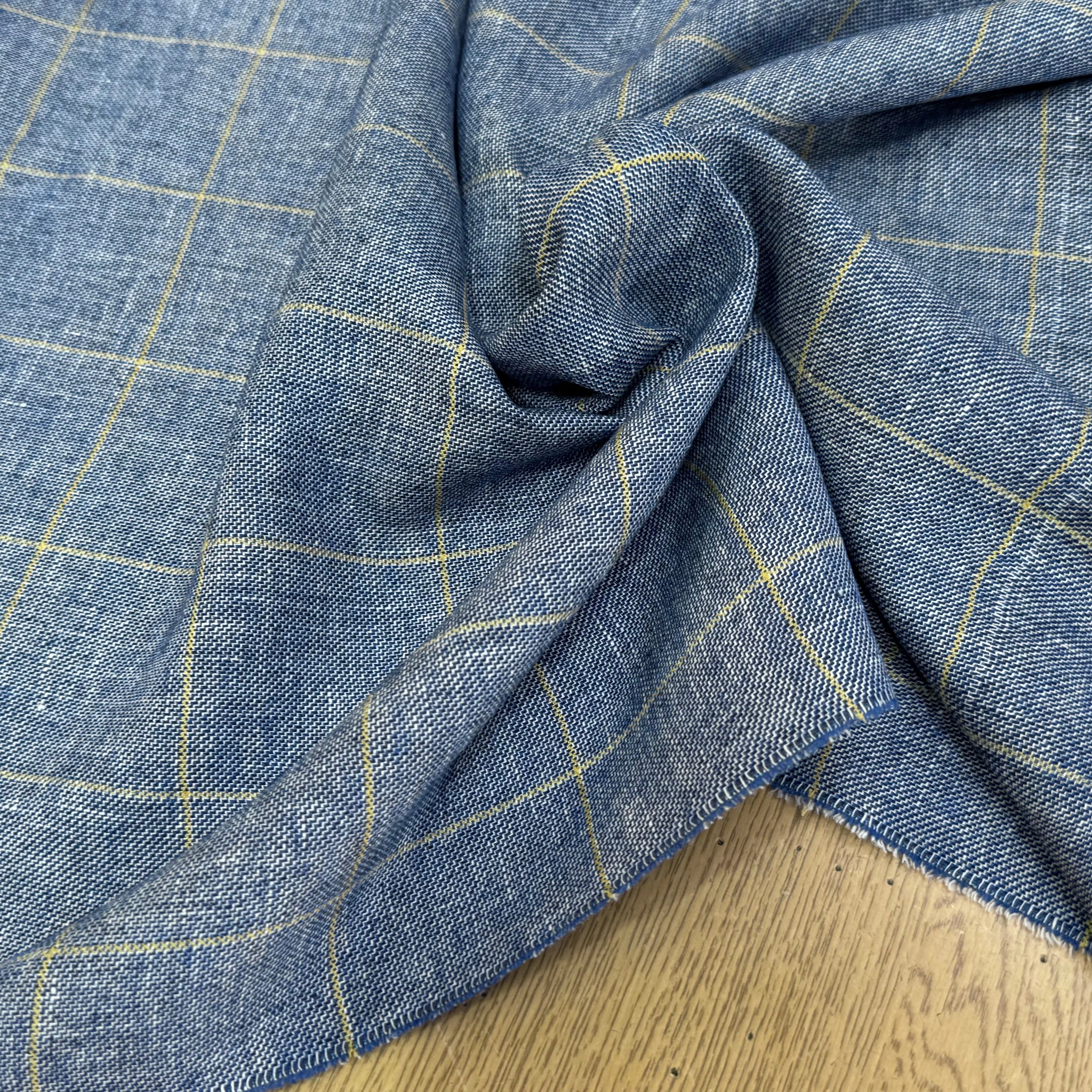 TISSU À CARREAUX 42% LIN LAINE & VISCOSE BLEU DENIM - My Little Coupon