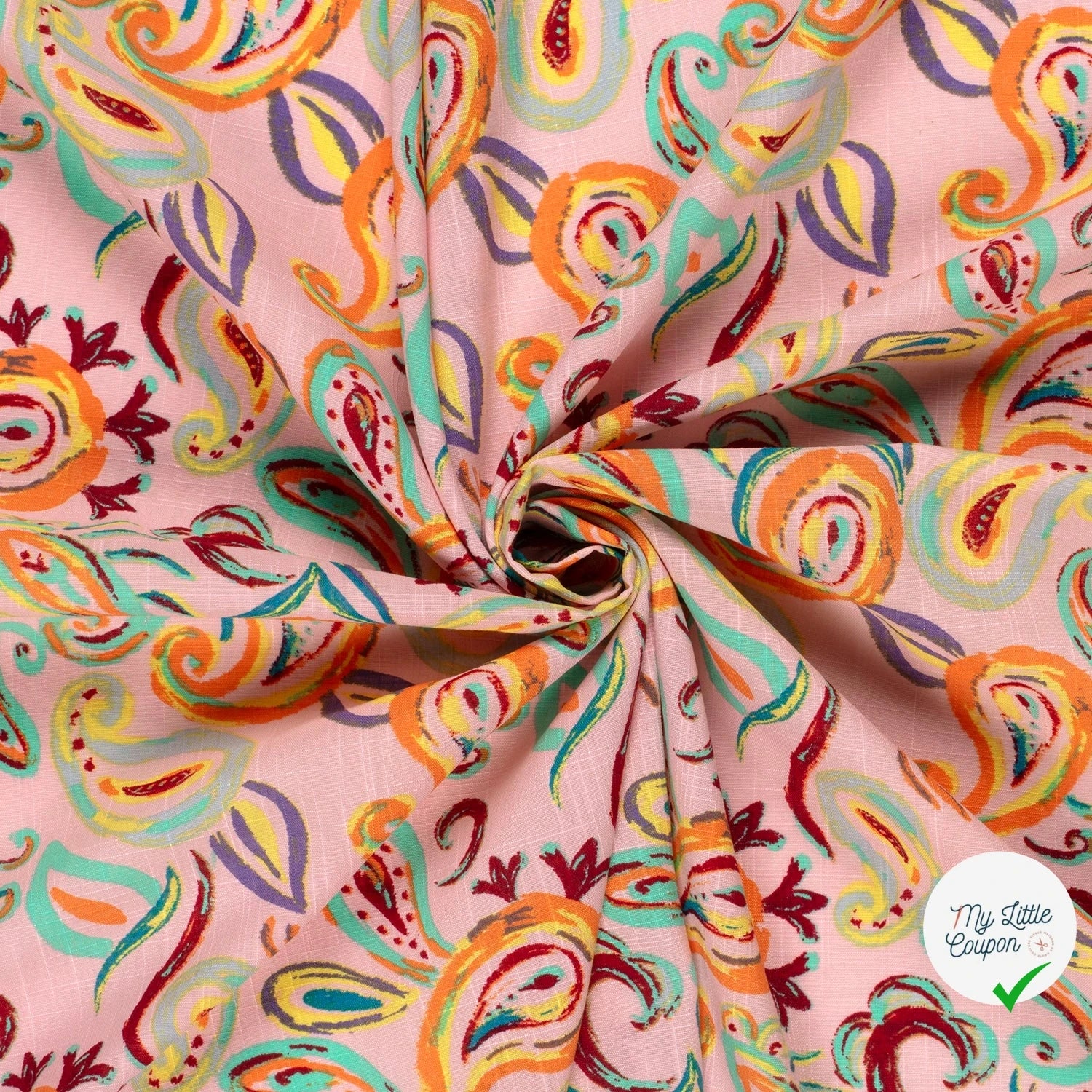 TISSU COTON VISCOSE CHAINE ET TRAME IMPRIMÉ PAISLEY ROSE CLAIR - My Little Coupon