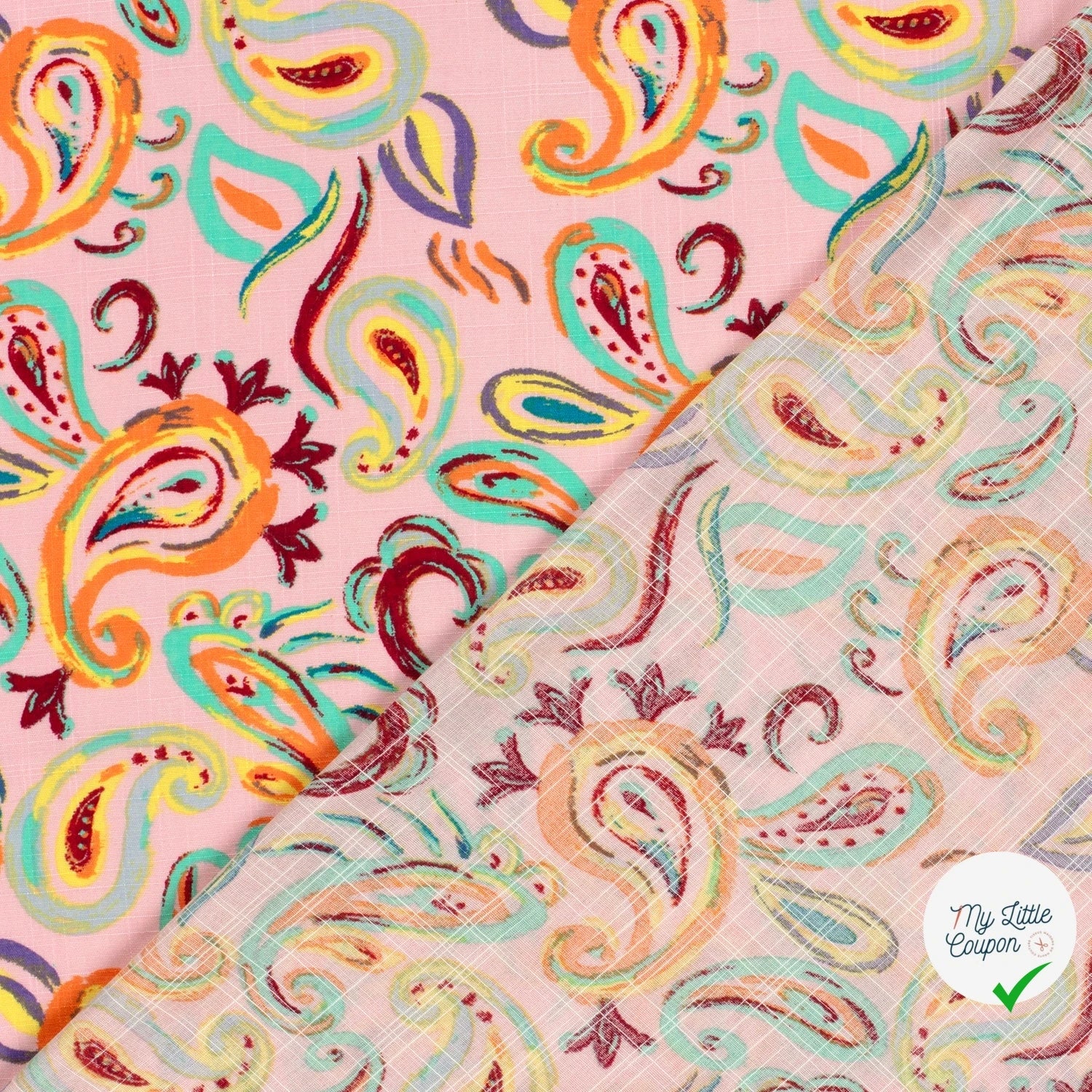 TISSU COTON VISCOSE CHAINE ET TRAME IMPRIMÉ PAISLEY ROSE CLAIR - My Little Coupon