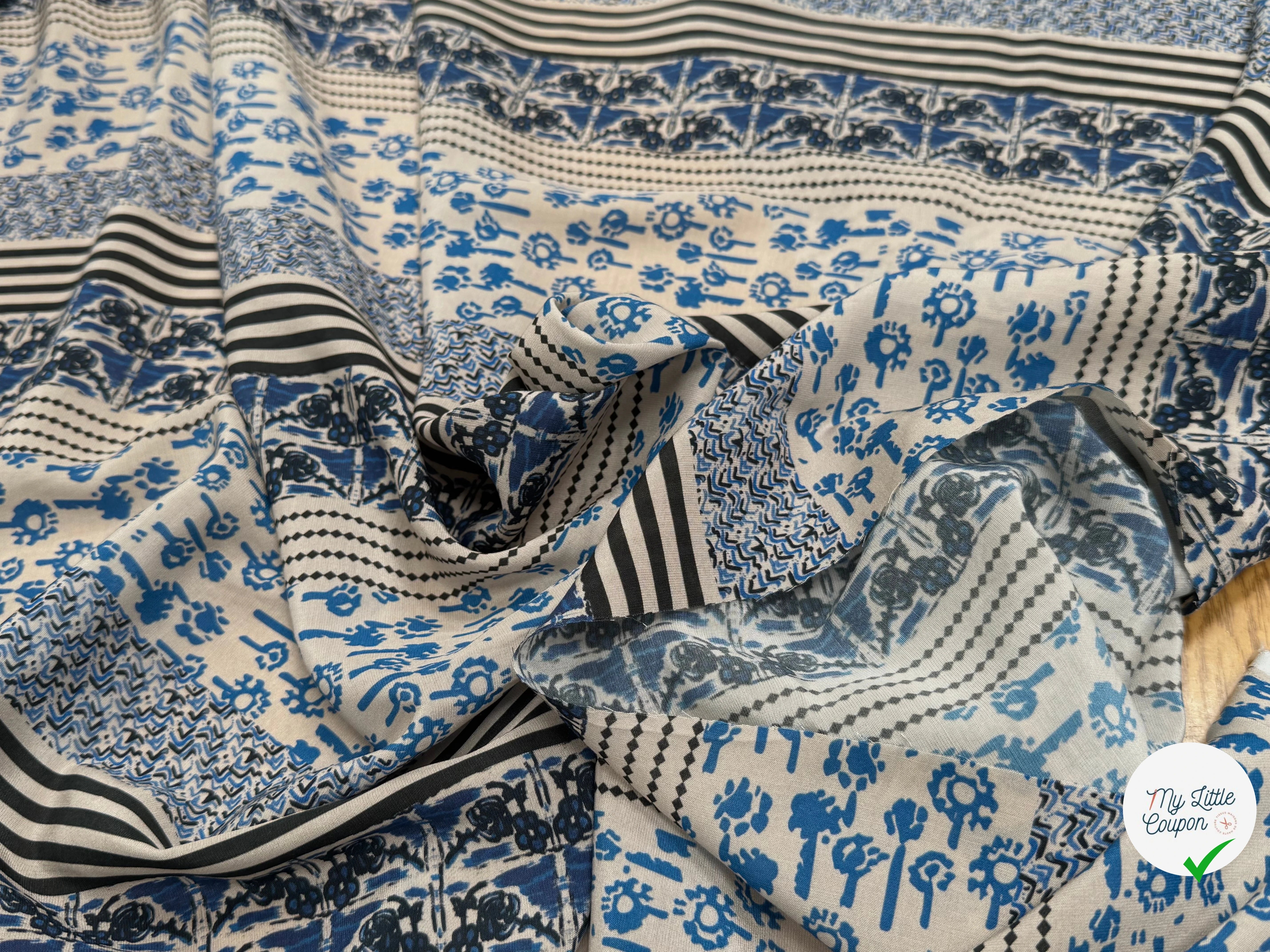 TISSU CRÊPE DE VISCOSE ÉCRU IMPRIMÉ POIS ET RAYURES BLEU TANGO QUEDUBLEU - My Little Coupon