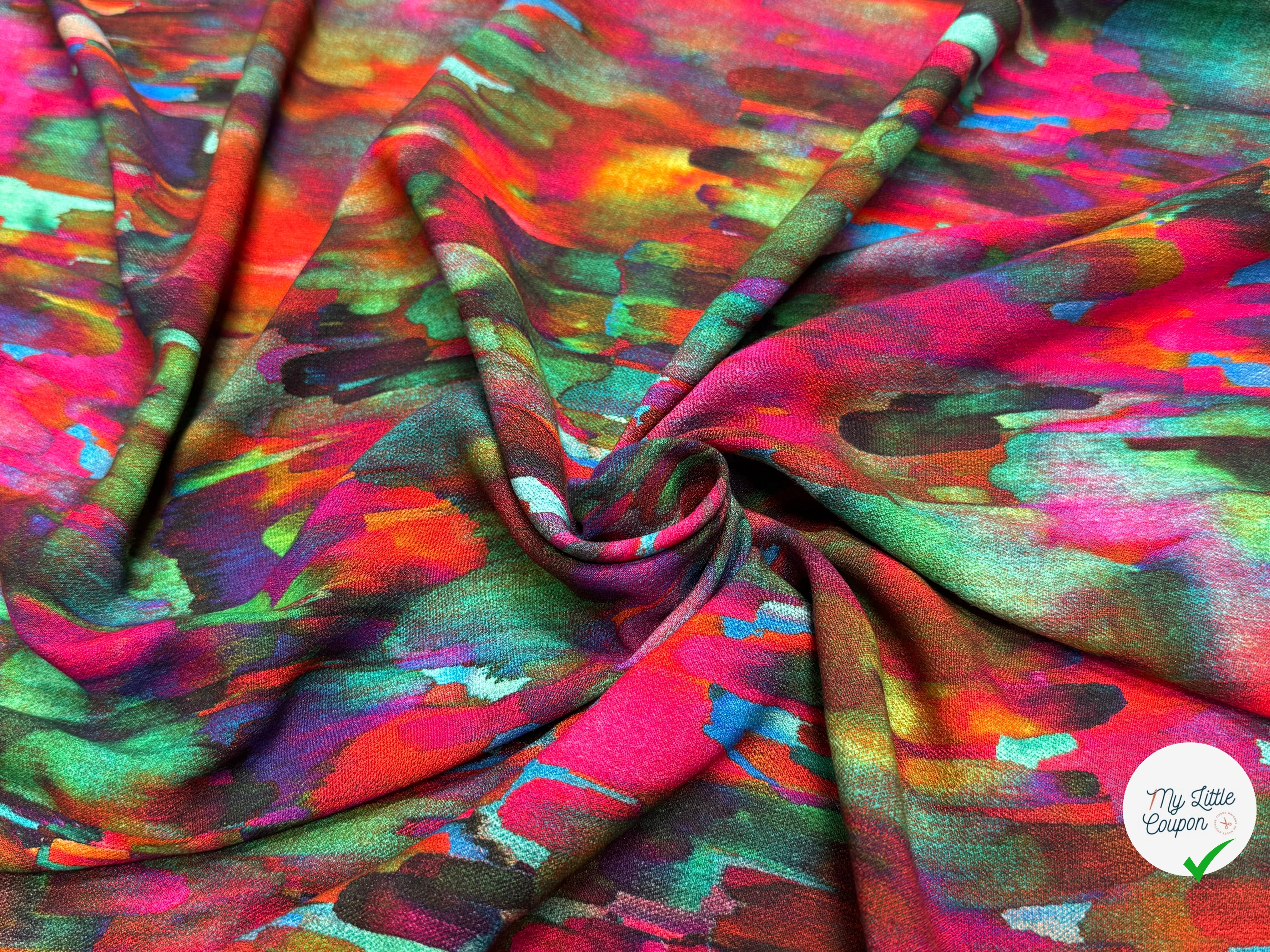 TISSU CRÊPE DE VISCOSE FLUIDE IMPRIMÉ PEINTURE MULTICOLORE CANDY PIGMENT - My Little Coupon