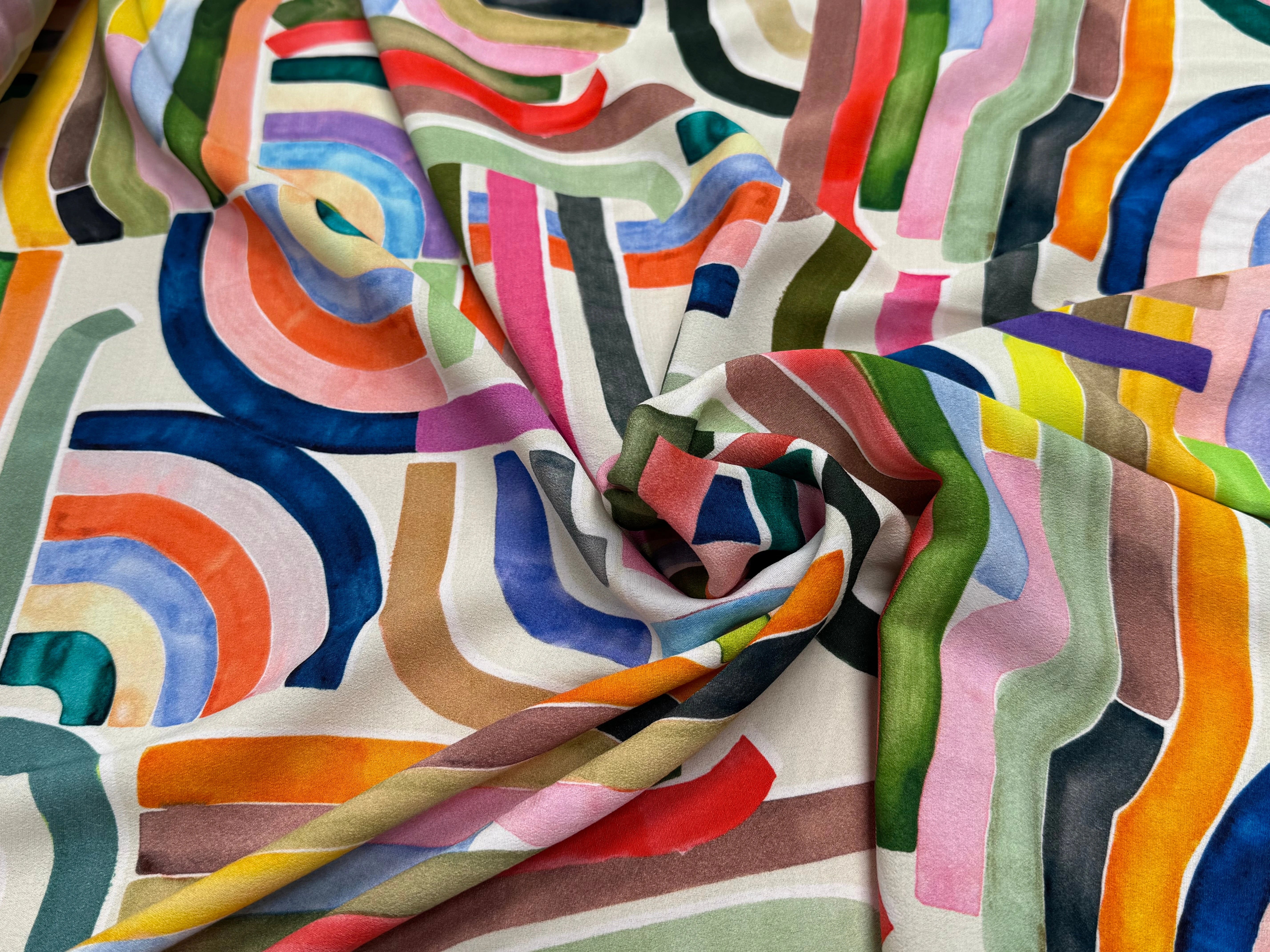 TISSU CRÊPE DE VISCOSE IMPRIMÉ GRAPHIQUE MULTICOLORE TENERE DELAUNAY MULTICOLORE - My Little Coupon