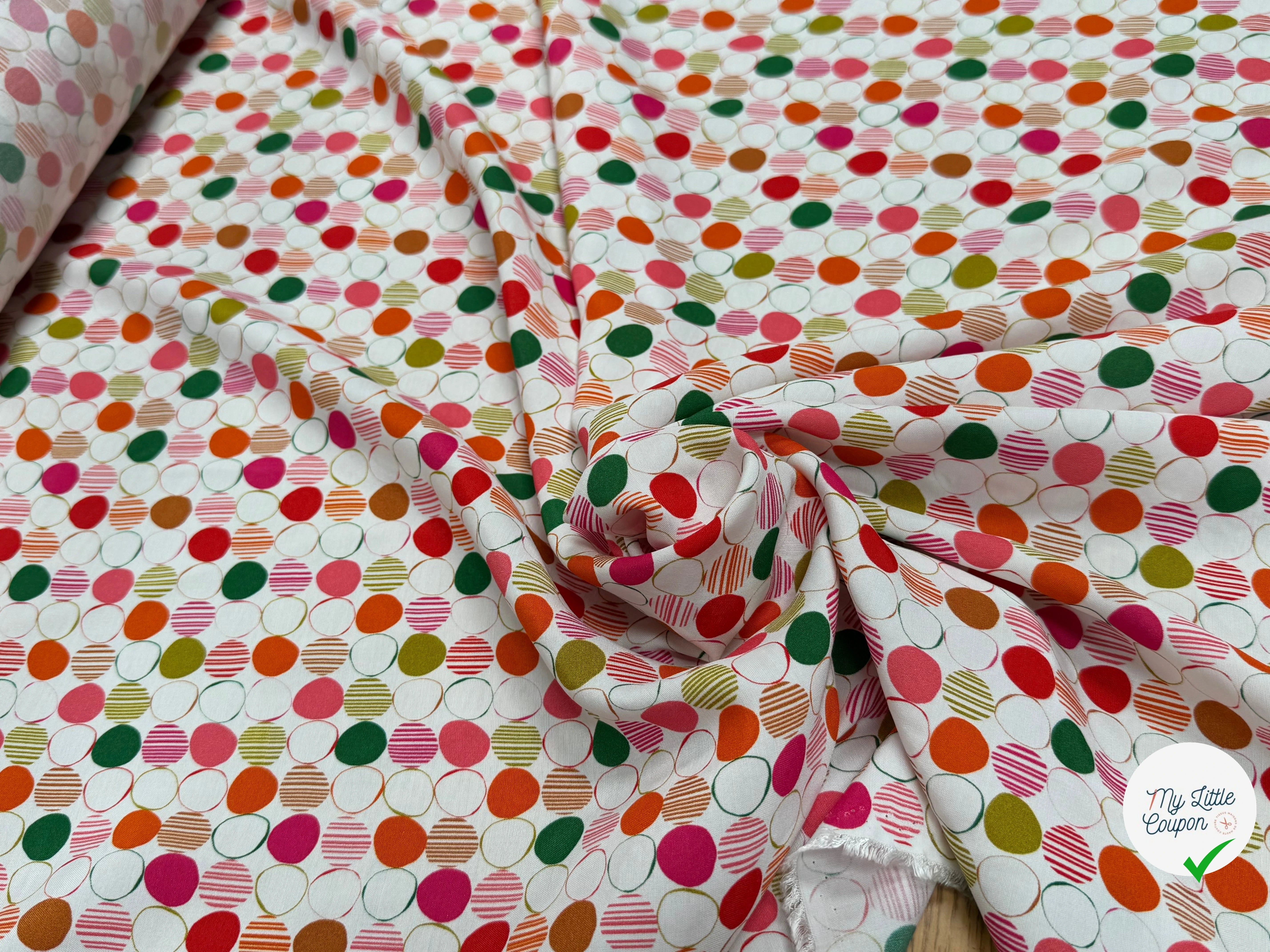 TISSU CRÊPE DE VISCOSE IMPRIMÉ POIS MULTICOLORES FANTASY ROND MULTIROUGE - My Little Coupon