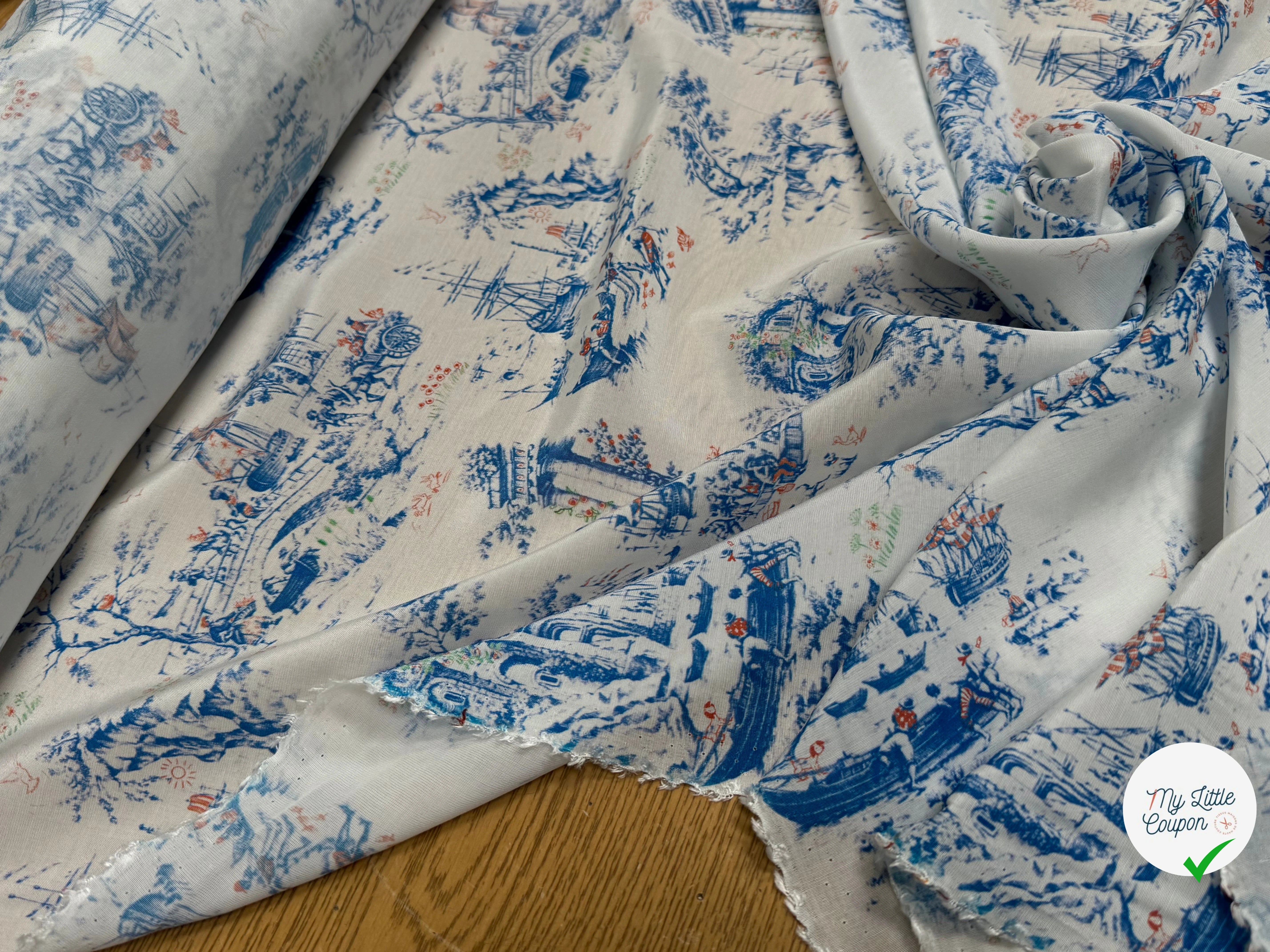 TISSU CRÊPE DE VISCOSE IMPRIMÉ TOILE DE JOUY BLEU ET BLANC TANGO TOILE DE JOUY - My Little Coupon