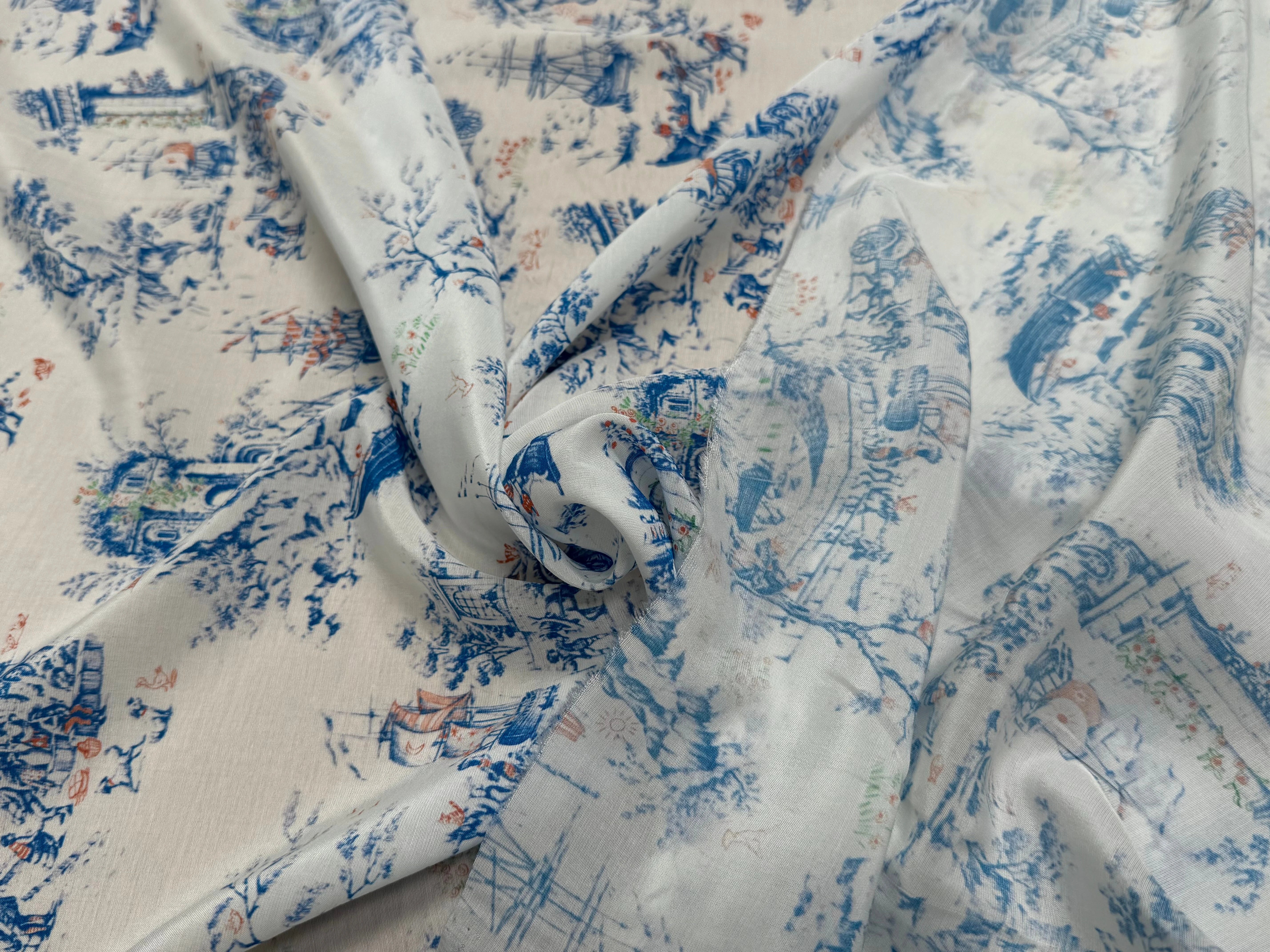 TISSU CRÊPE DE VISCOSE IMPRIMÉ TOILE DE JOUY BLEU ET BLANC TANGO TOILE DE JOUY - My Little Coupon