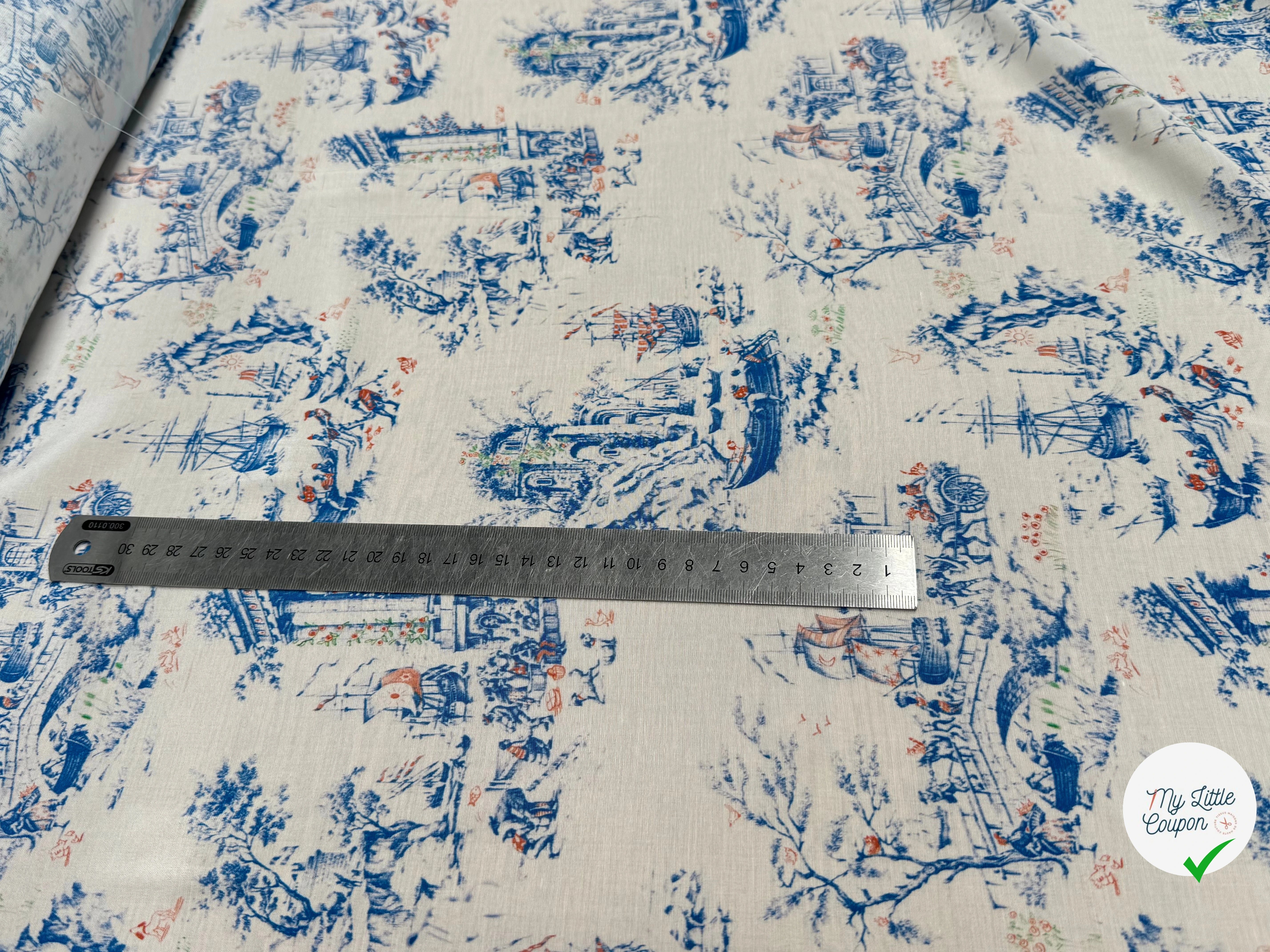 TISSU CRÊPE DE VISCOSE IMPRIMÉ TOILE DE JOUY BLEU ET BLANC TANGO TOILE DE JOUY - My Little Coupon