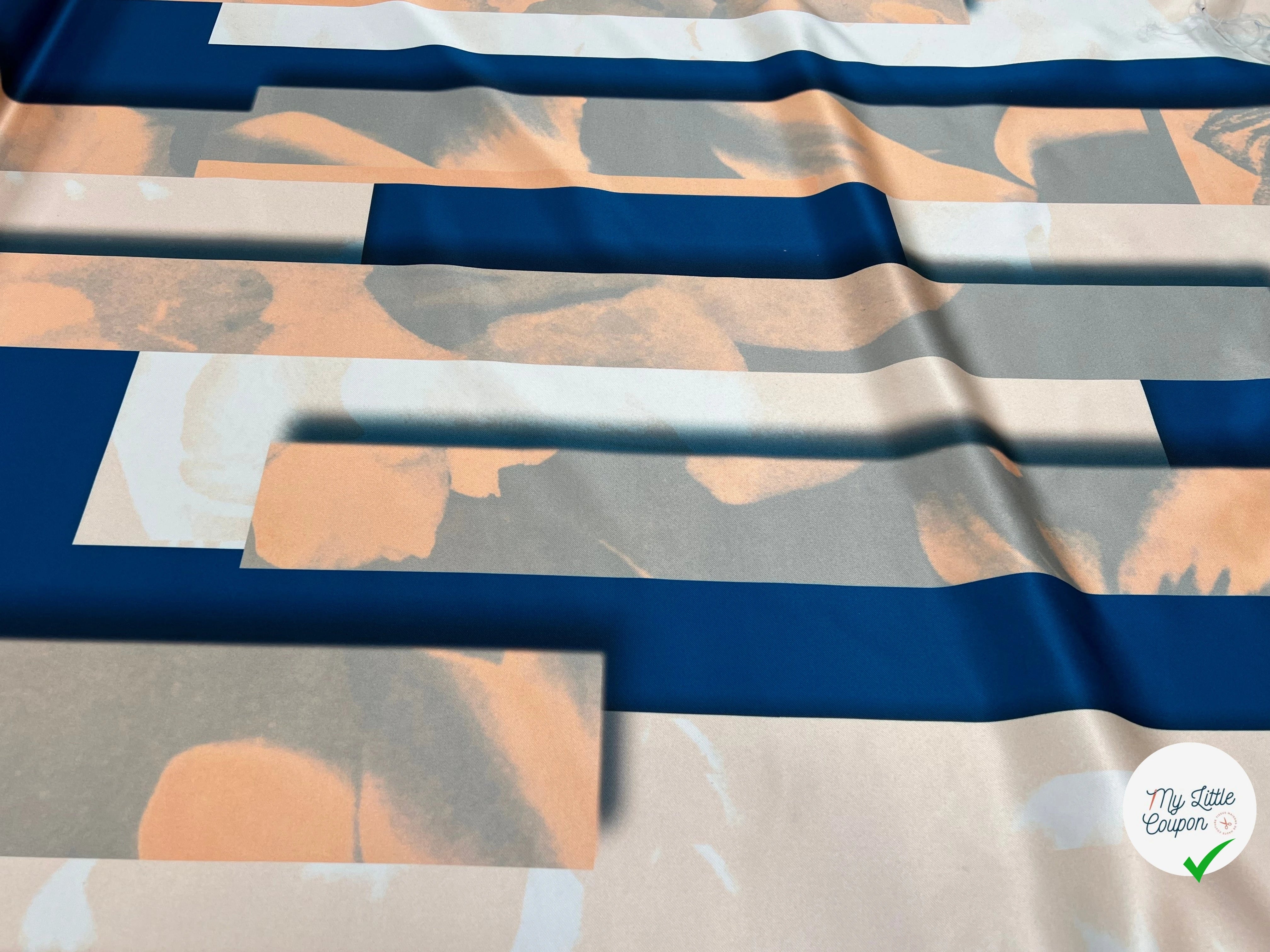 TISSU SATINÉ POLYESTER MOTIF AMBIANCE BLEU ROSE - My Little Coupon