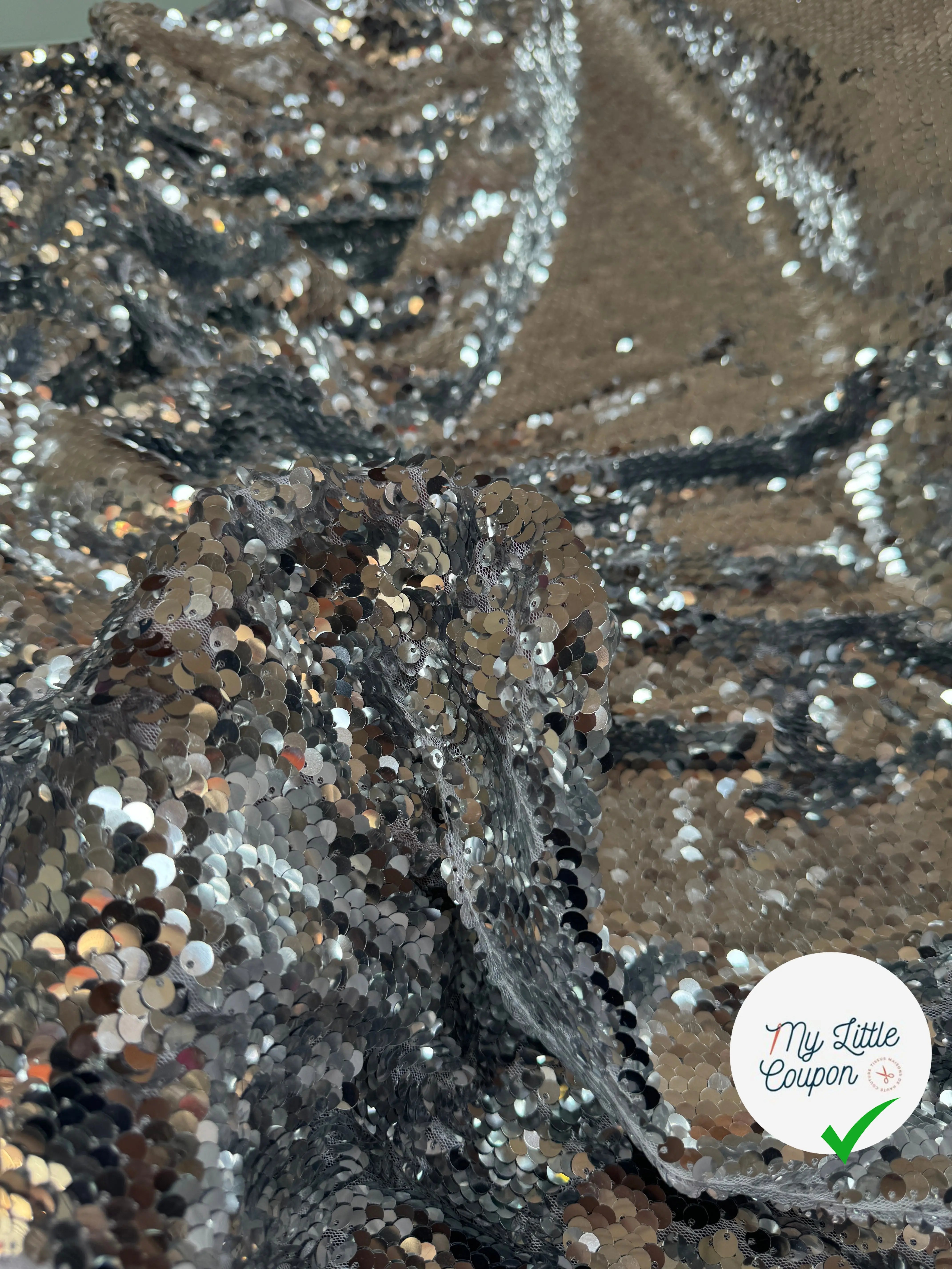 TISSU SEQUIN PAILLETTES SUR TULLE SILVER - My Little Coupon